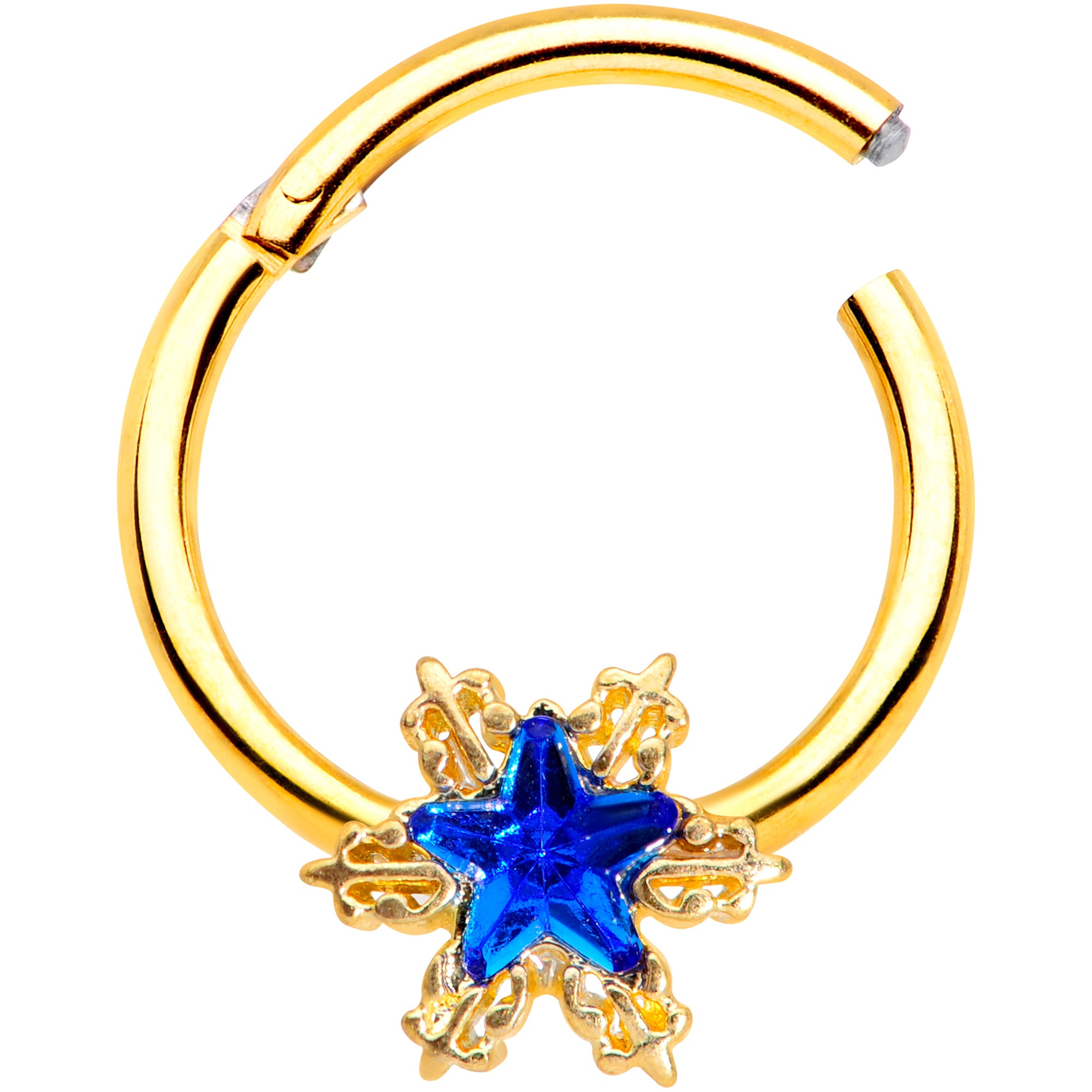 16 Gauge 3/8 Blue Gem Gold Tone Star Hinged Segment Ring