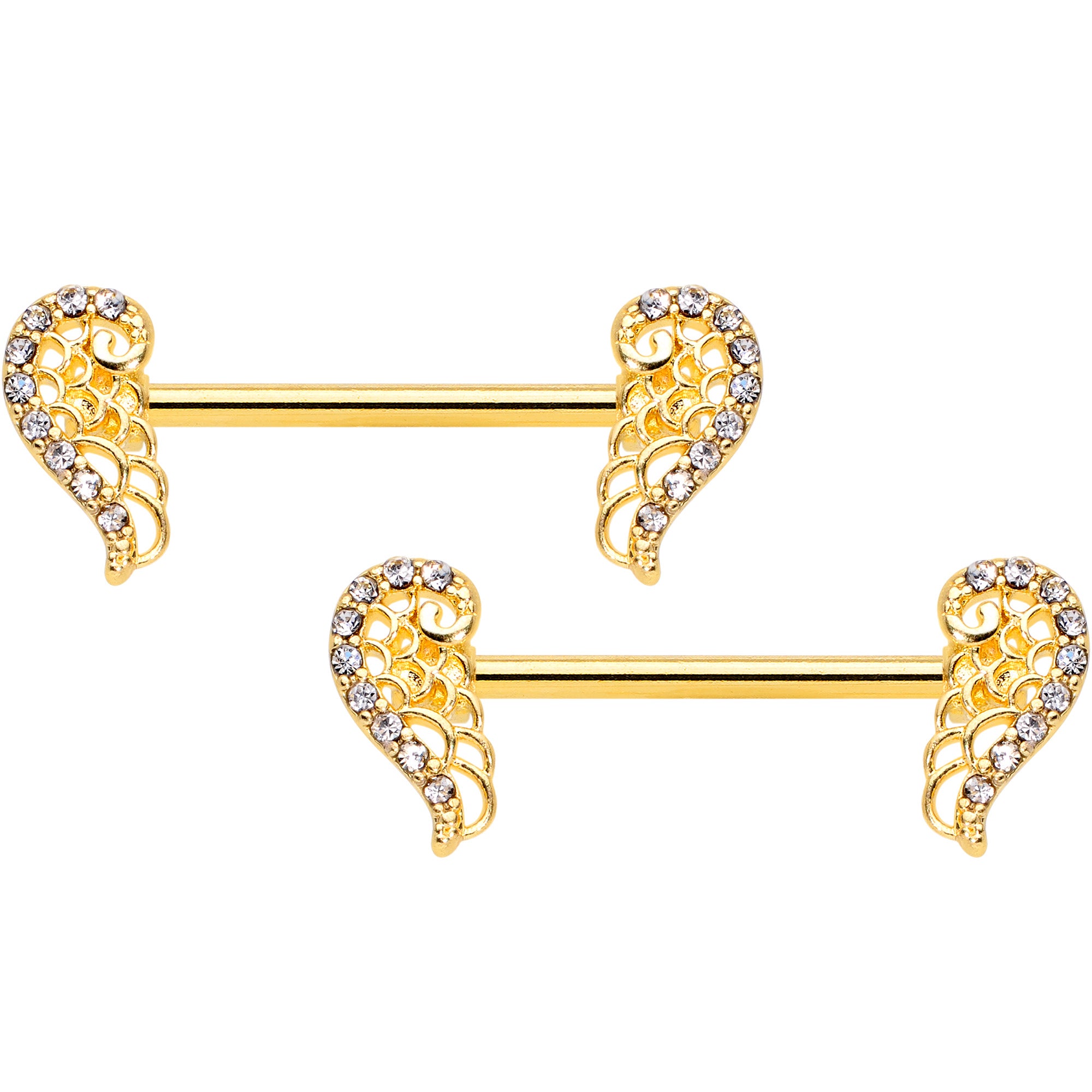 14 Gauge 9/16 Clear Gem Gold Tone Angels Wings Barbell Nipple Ring Set