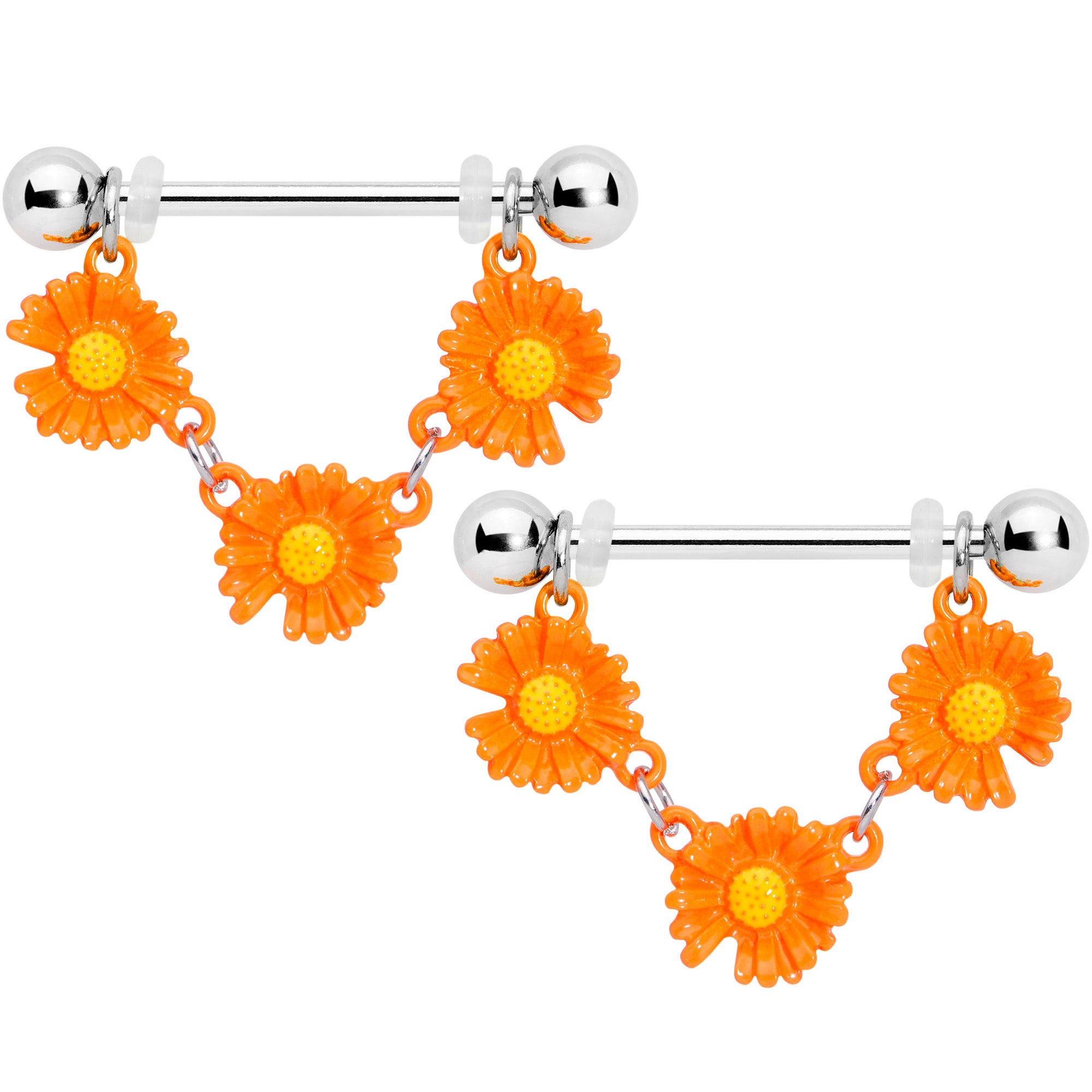 14 Gauge 13/16 Orange Daisy Chain Dangle Nipple Ring Set