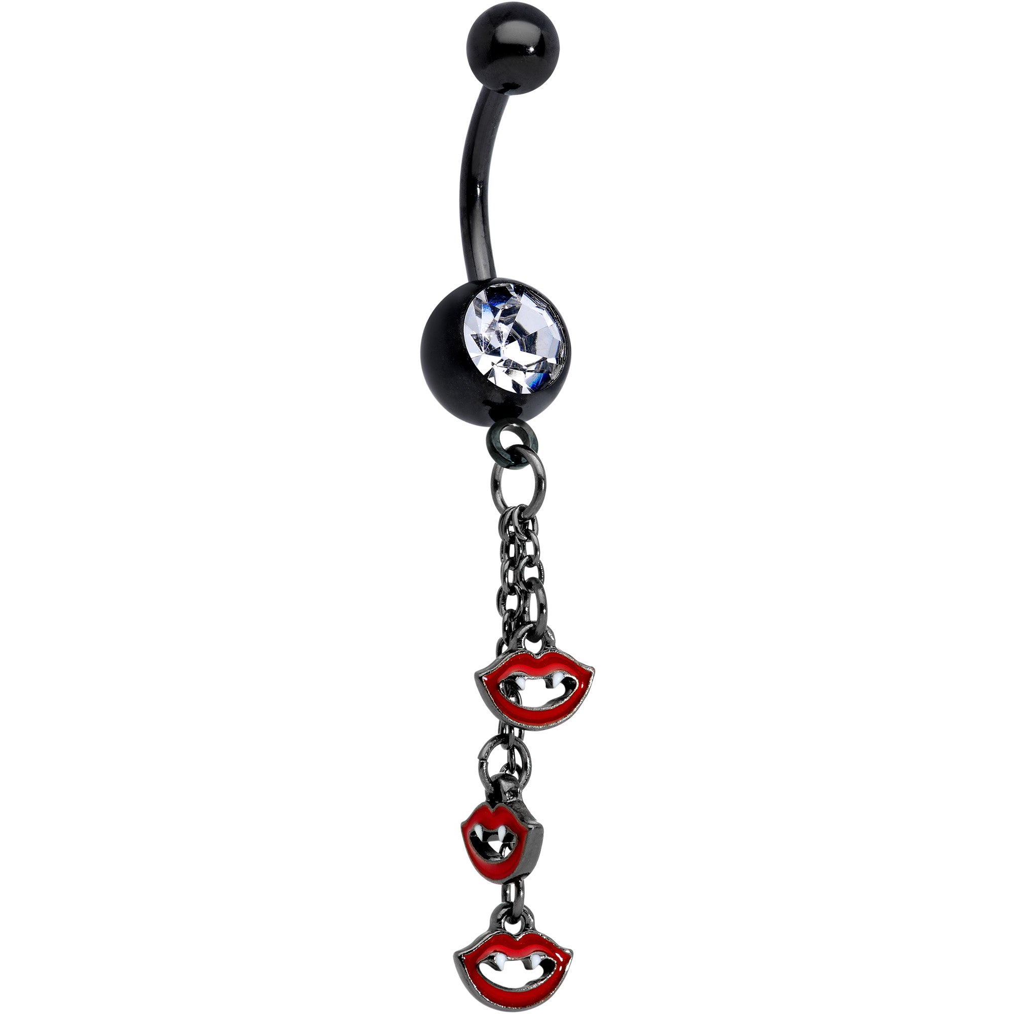 Clear Gem Black Vampire Fangs Halloween Dangle Belly Ring