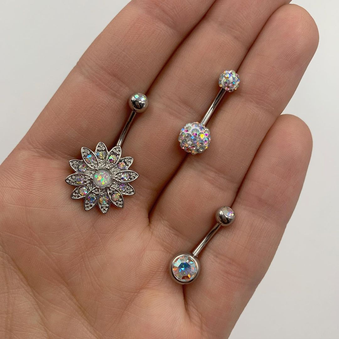 Aurora Gem Flower Disco Ball Belly Ring Set of 3