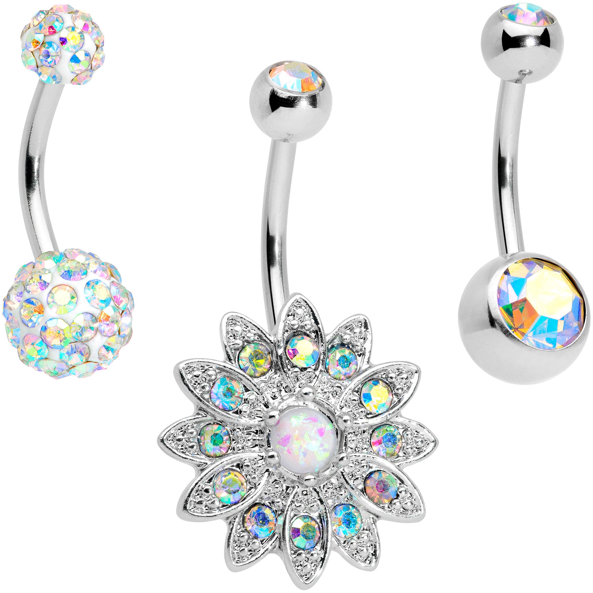 Aurora Gem Flower Disco Ball Belly Ring Set of 3