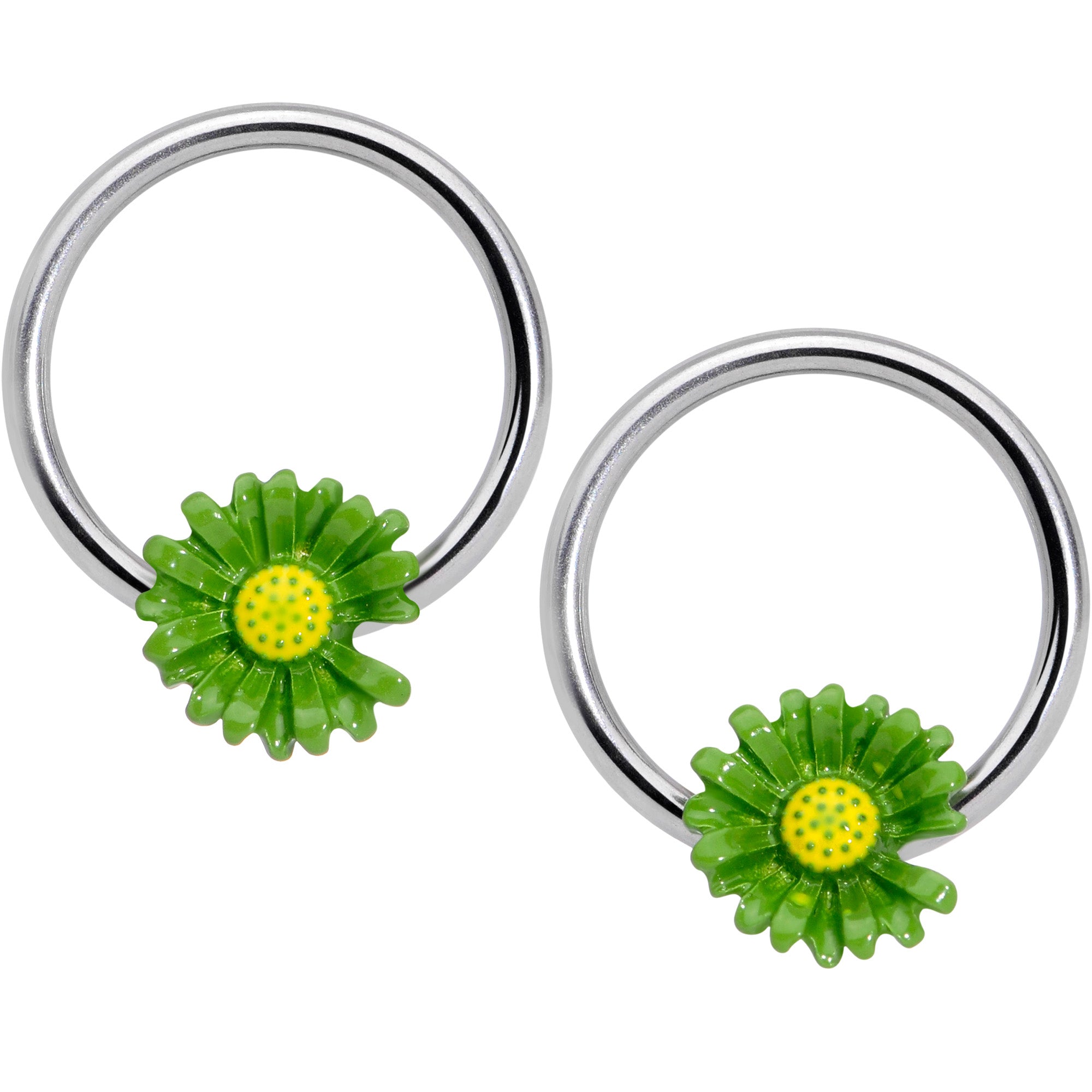 14 Gauge 1/2 Green Daisy BCR Captive Nipple Ring Set