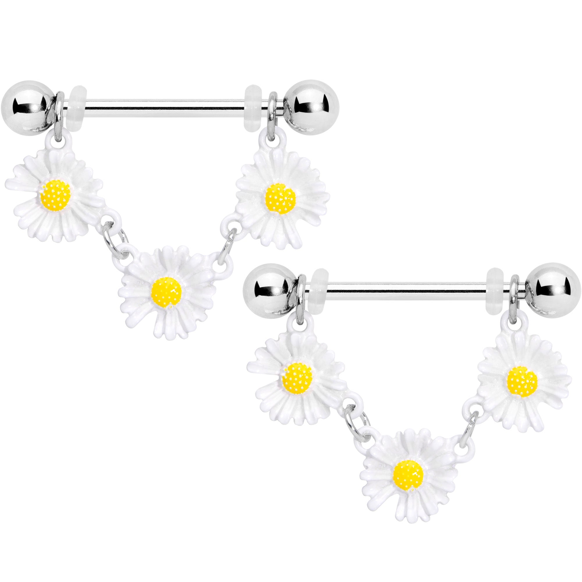 14 Gauge 13/16 White Daisy Chain Dangle Nipple Ring Set