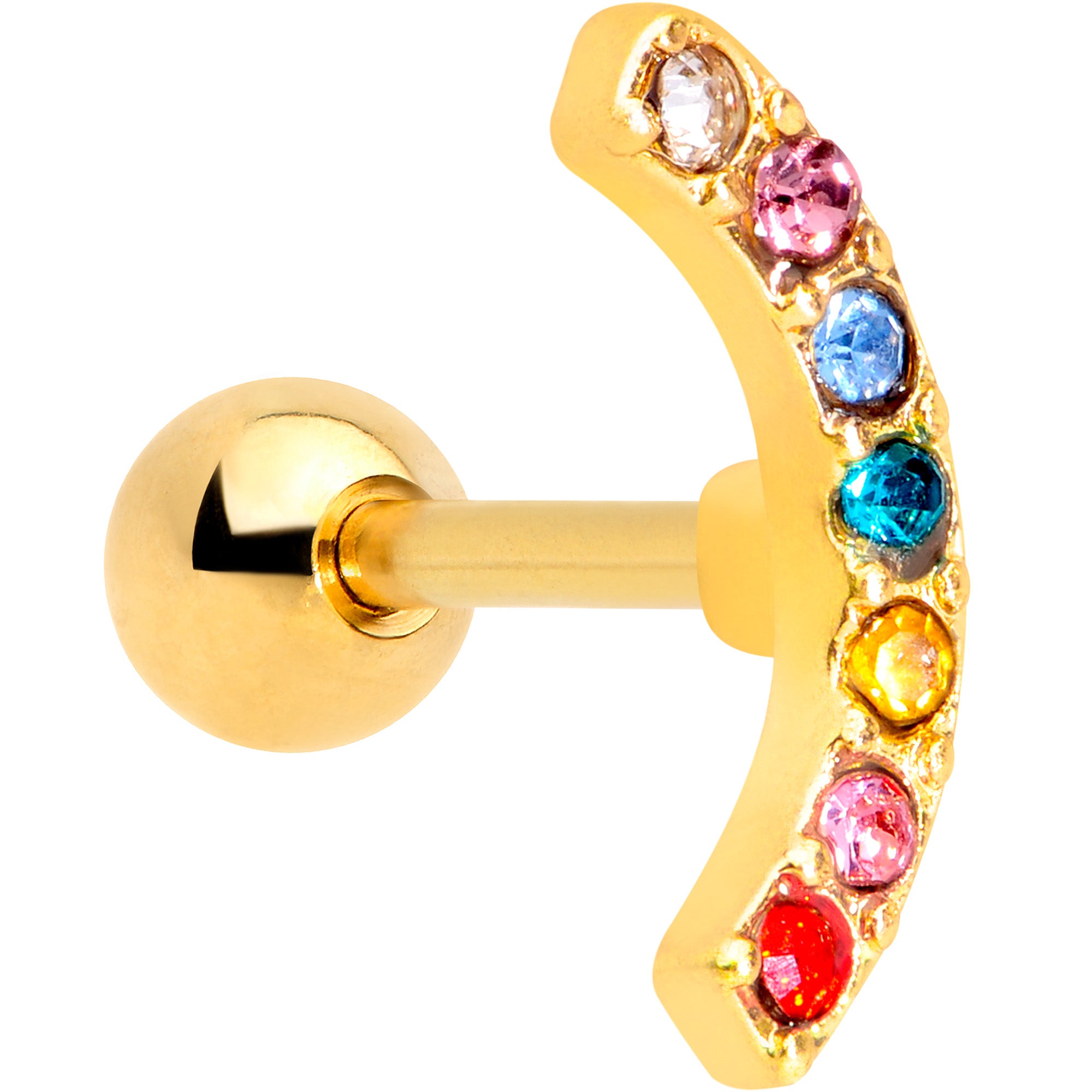 16 Gauge 1`/4 Red Blue Gem Gold Tone Rainbow Arc Cartilage Tragus