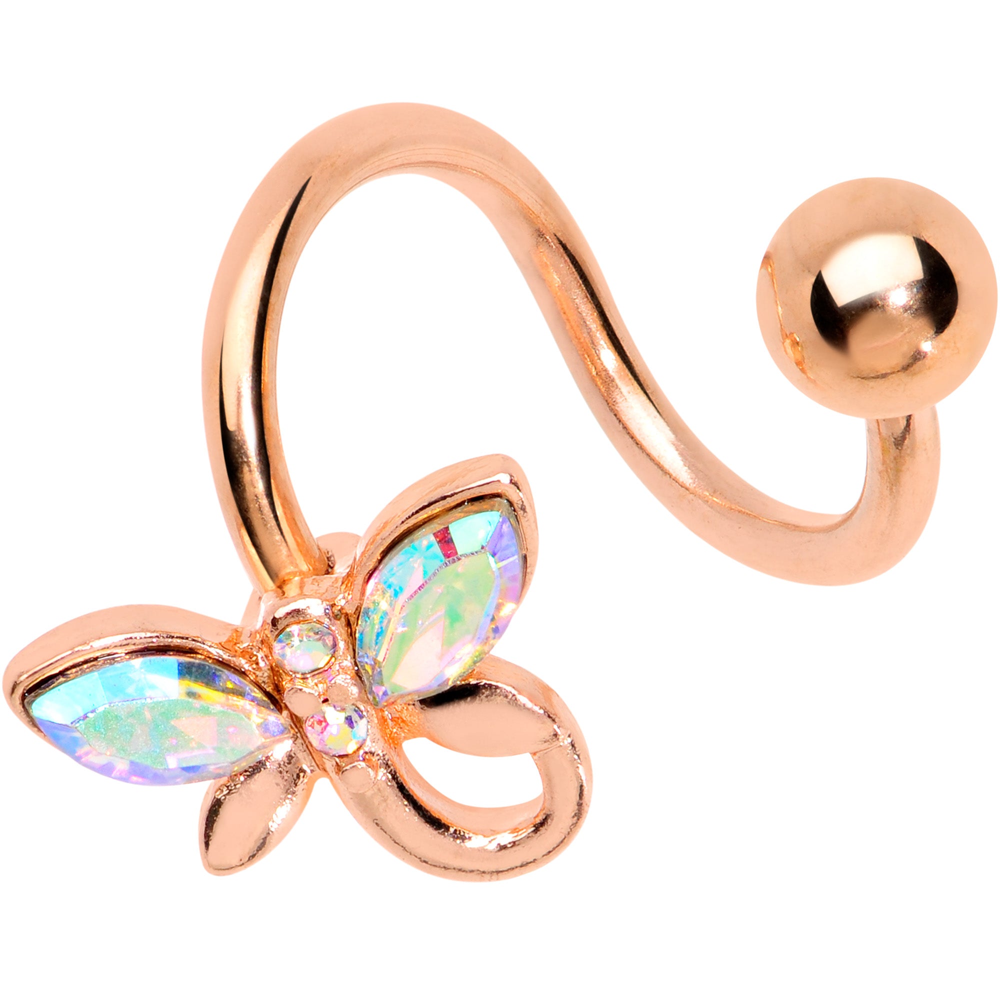 Aurora Gem Rose Gold Tone Loop Butterfly Spiral Twister Belly Ring