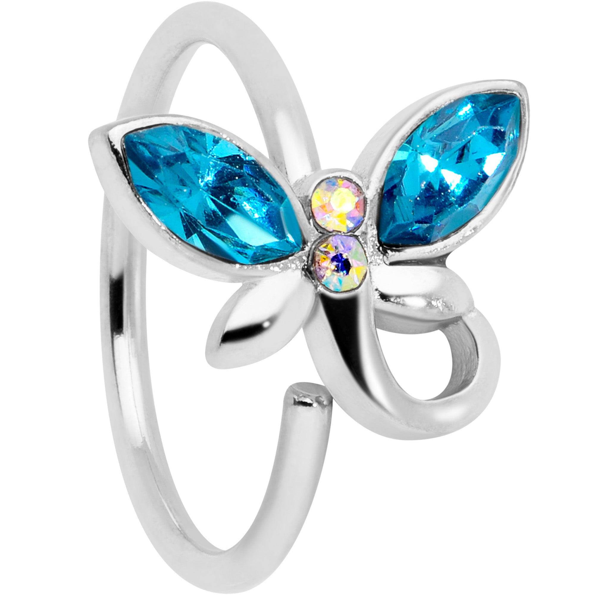 18 Gauge 3/8 Aqua Aurora Gem Loop Butterfly Nose Hoop