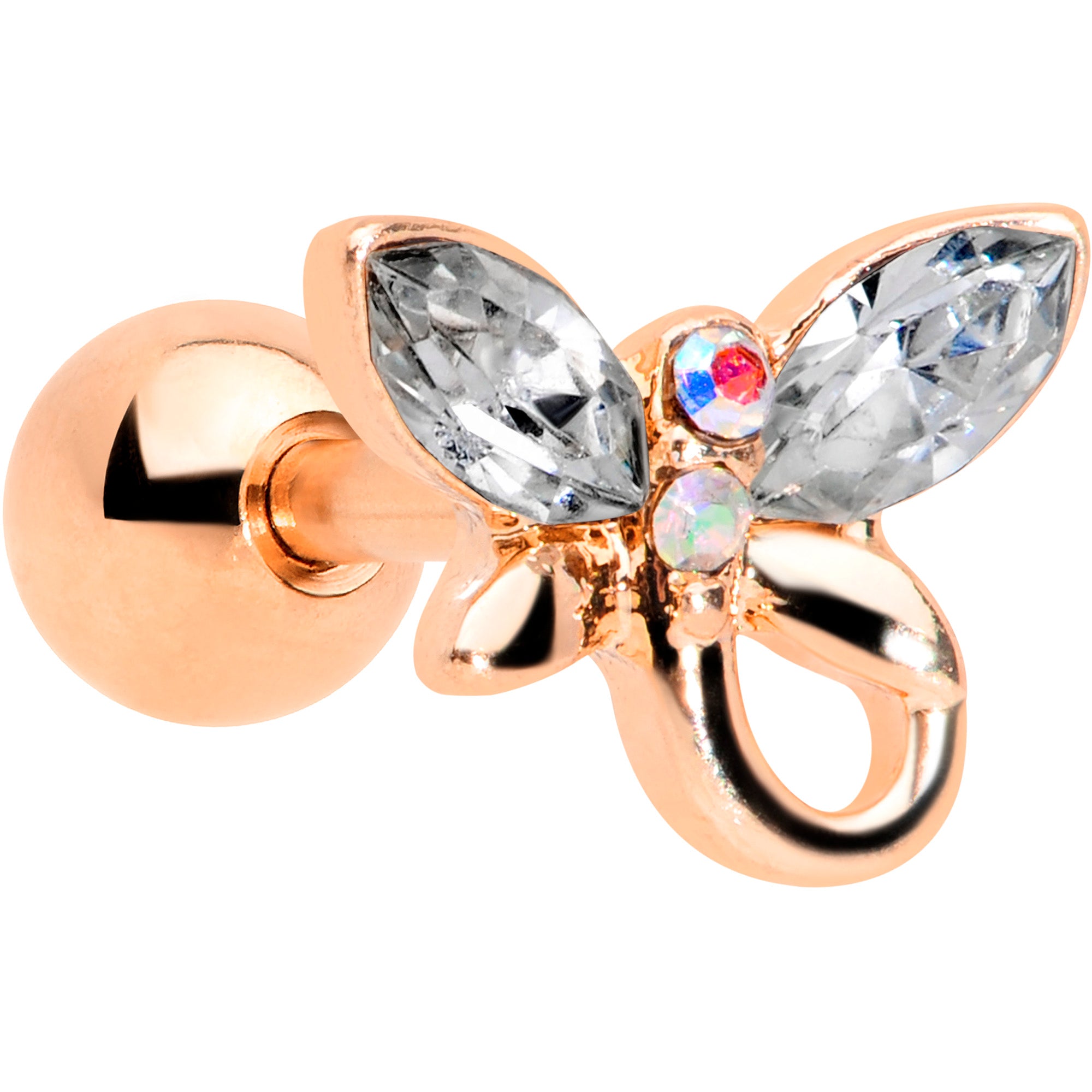 16 Gauge 1/4 Clear Gem Rose Gold Tone Loop Butterfly Cartilage Tragus