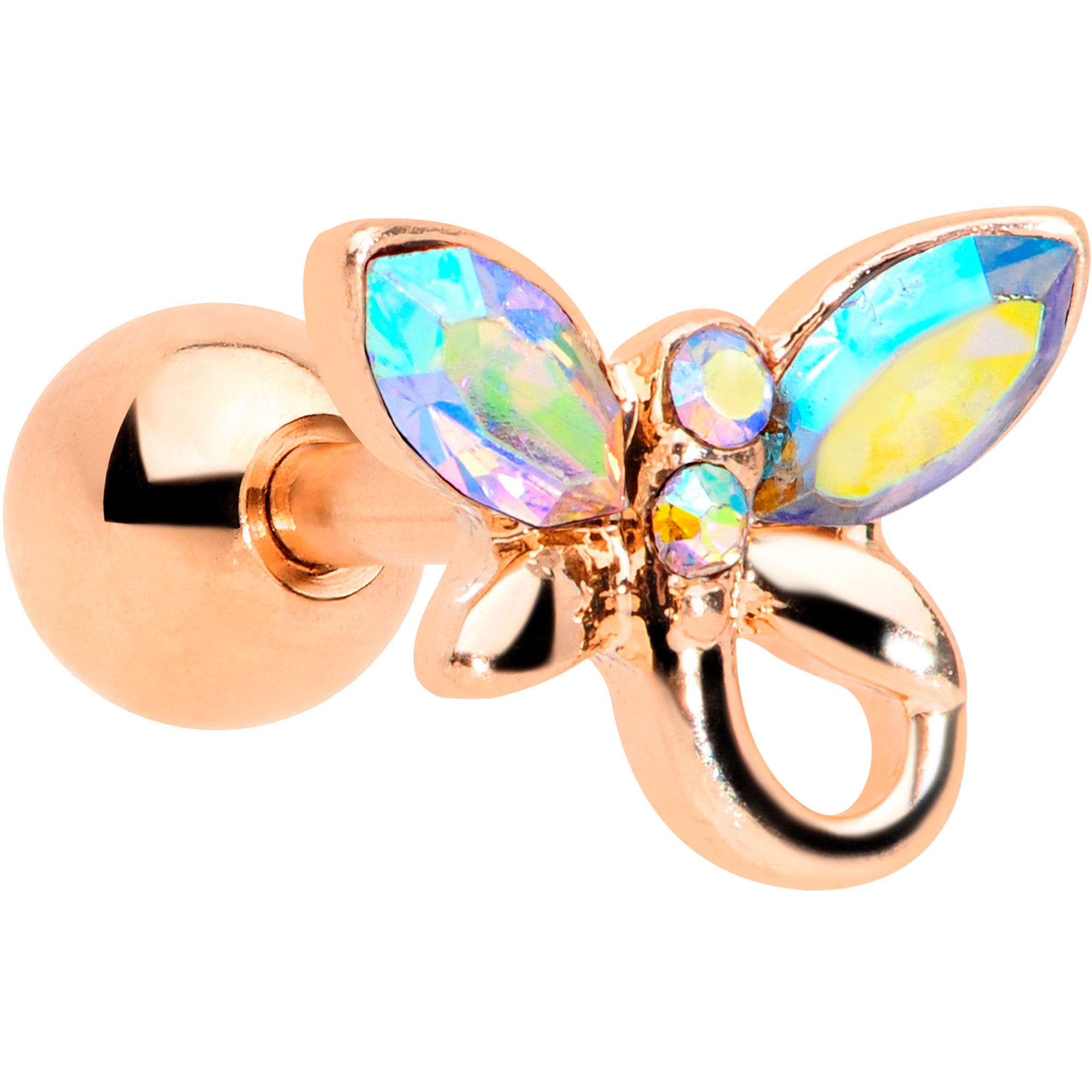 16 Gauge 1/4 Aurora Gem Rose Gold Tone Loop Butterfly Cartilage Tragus