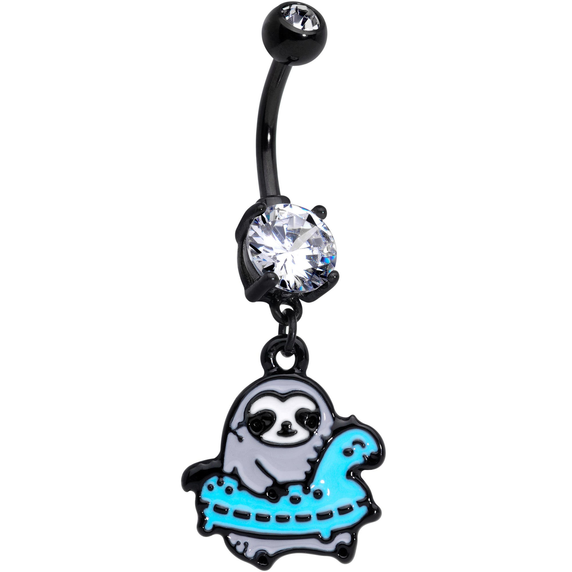 Clear CZ Gem Black Swimming Sloth Dangle Belly Ring