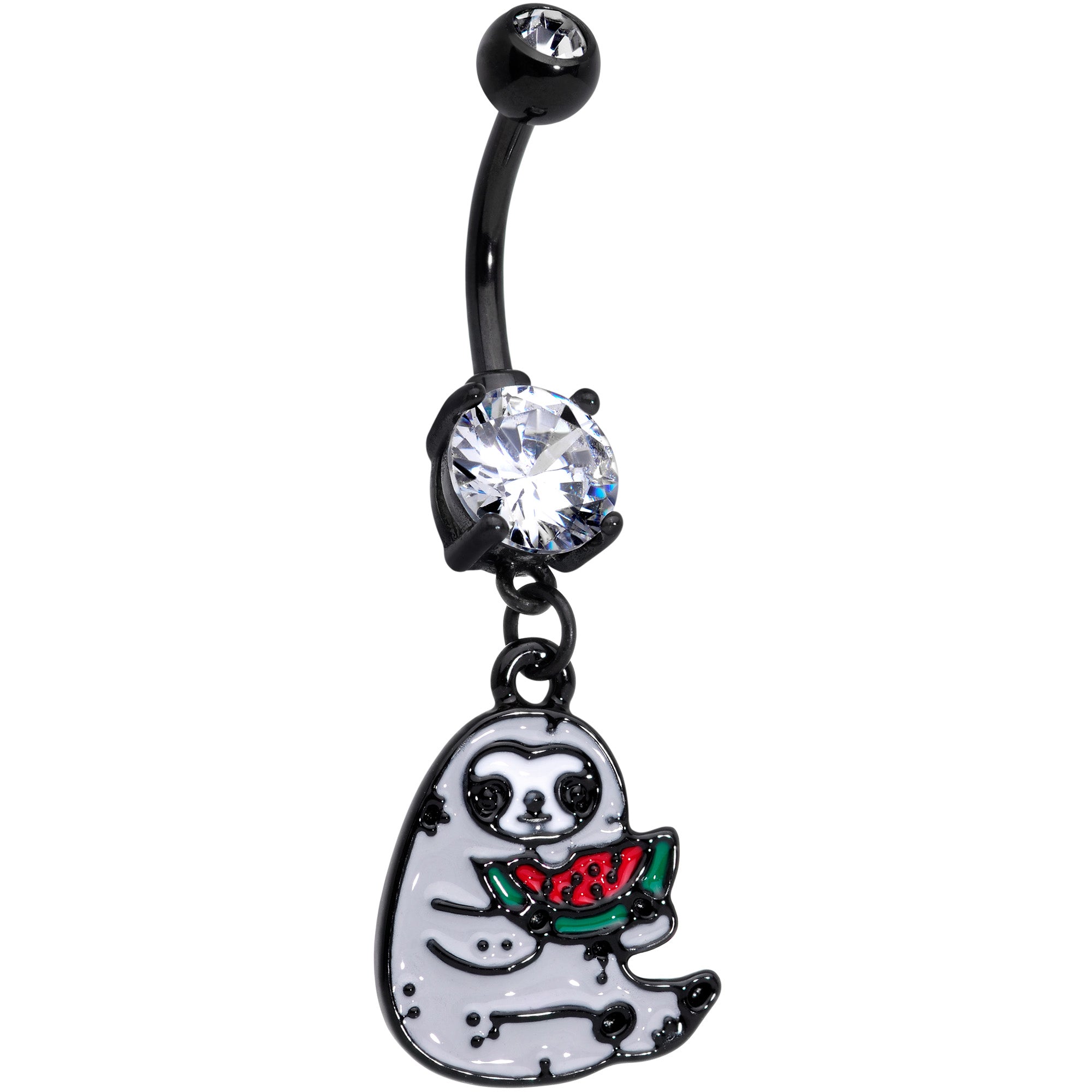 Clear CZ Gem Black Watermelon Sloth Dangle Belly Ring