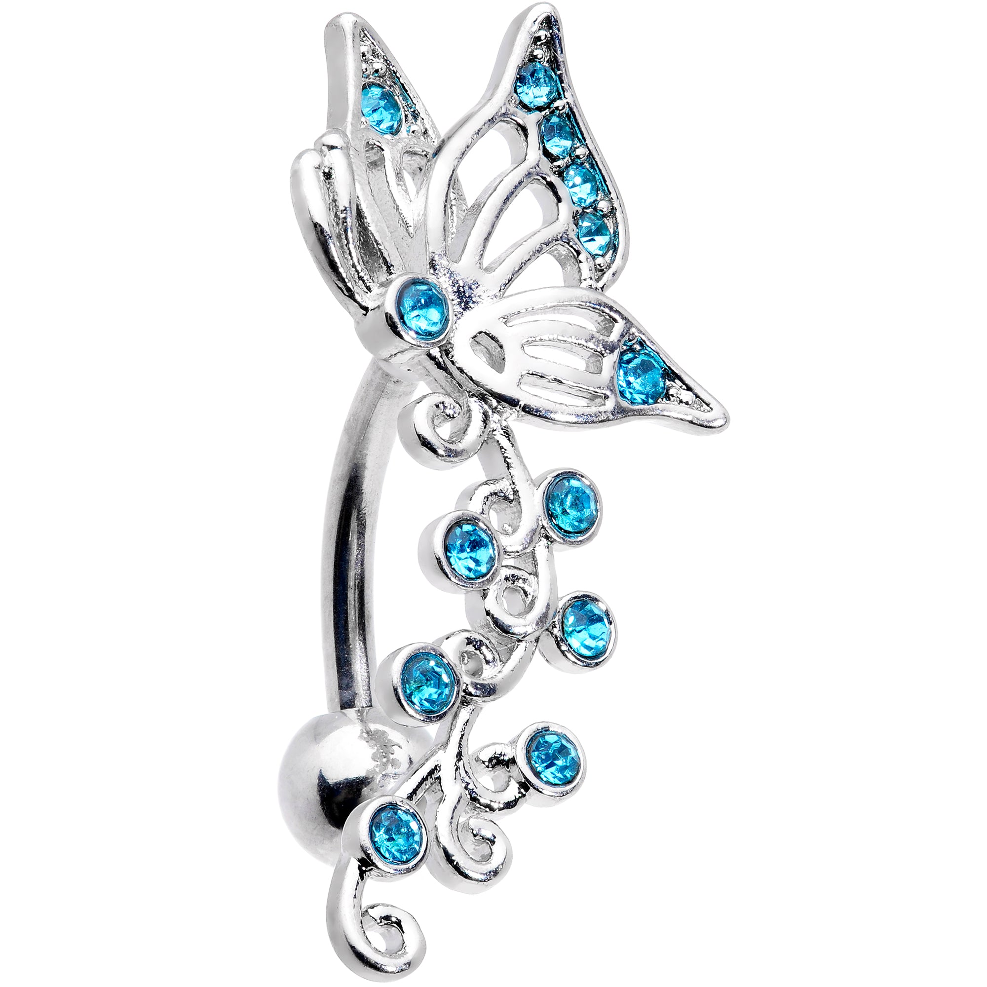 Aqua Gem Butterfly Flower Garland Top Mount Belly Ring