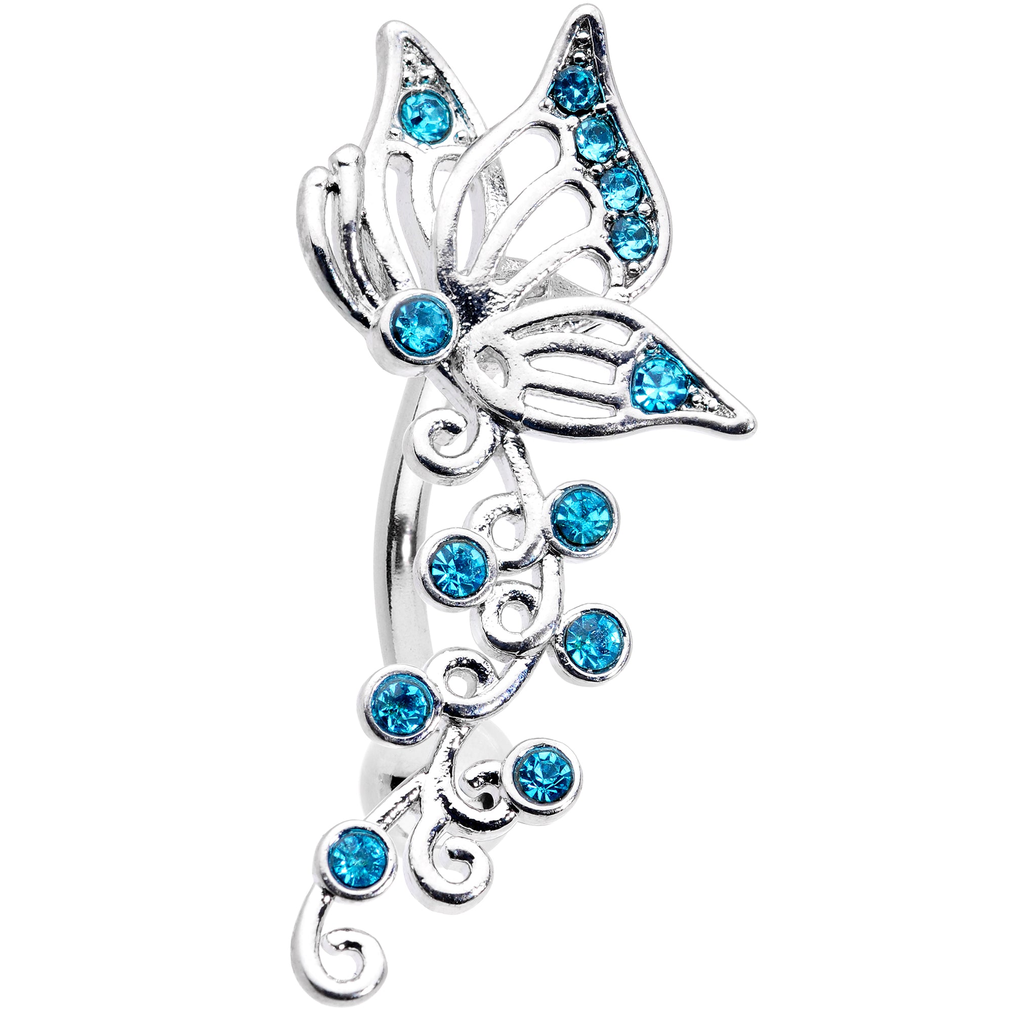 Aqua Gem Butterfly Flower Garland Top Mount Belly Ring