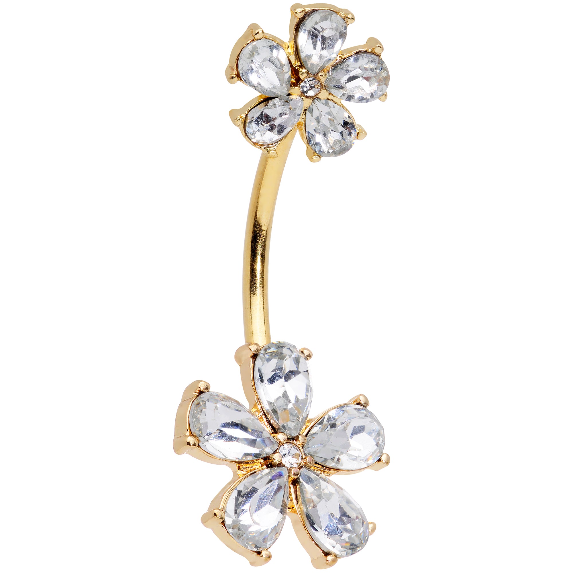 Clear Gem Gold Tone Fabulous Flowers Double Mount Belly Ring