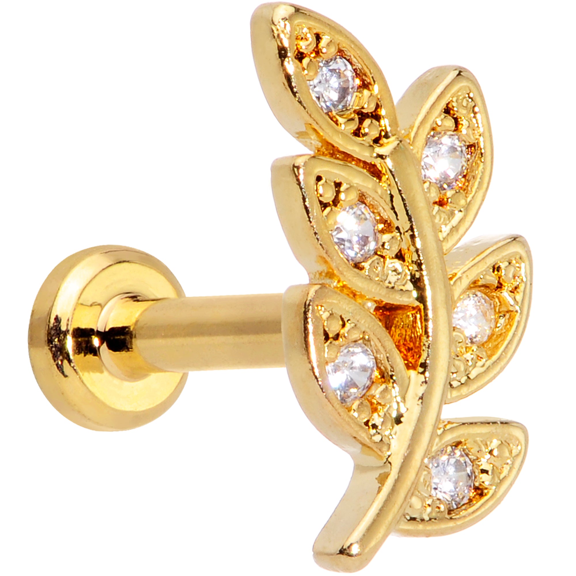 16 Gauge 1/4 Clear CZ Gem Gold Tone Leaf Internally Threaded Labret