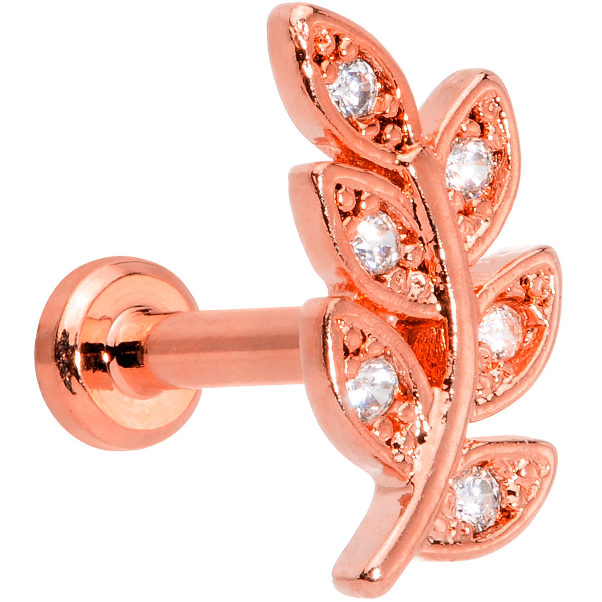 16 Gauge 1/4 Clear CZ Gem Rose Gold Tone Leaf Internal Thread Labret