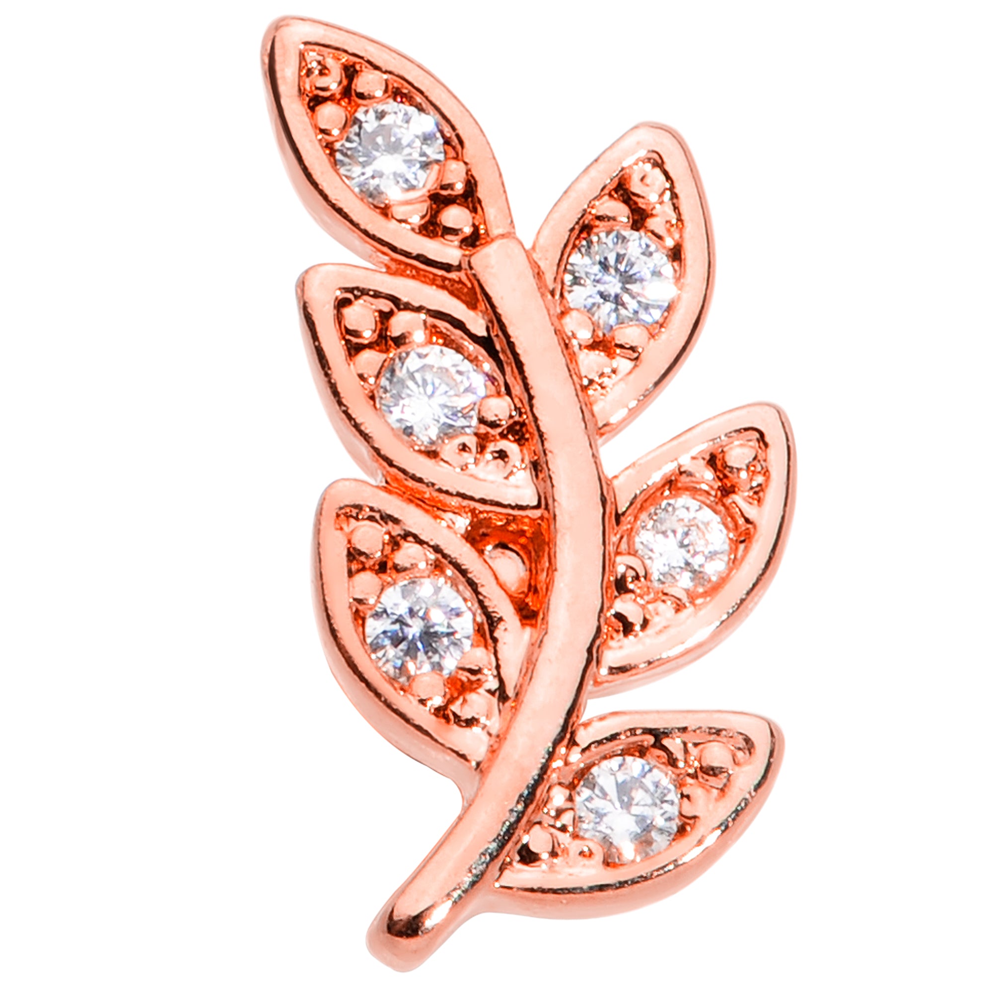 16 Gauge 1/4 Clear CZ Gem Rose Gold Tone Leaf Internal Thread Labret