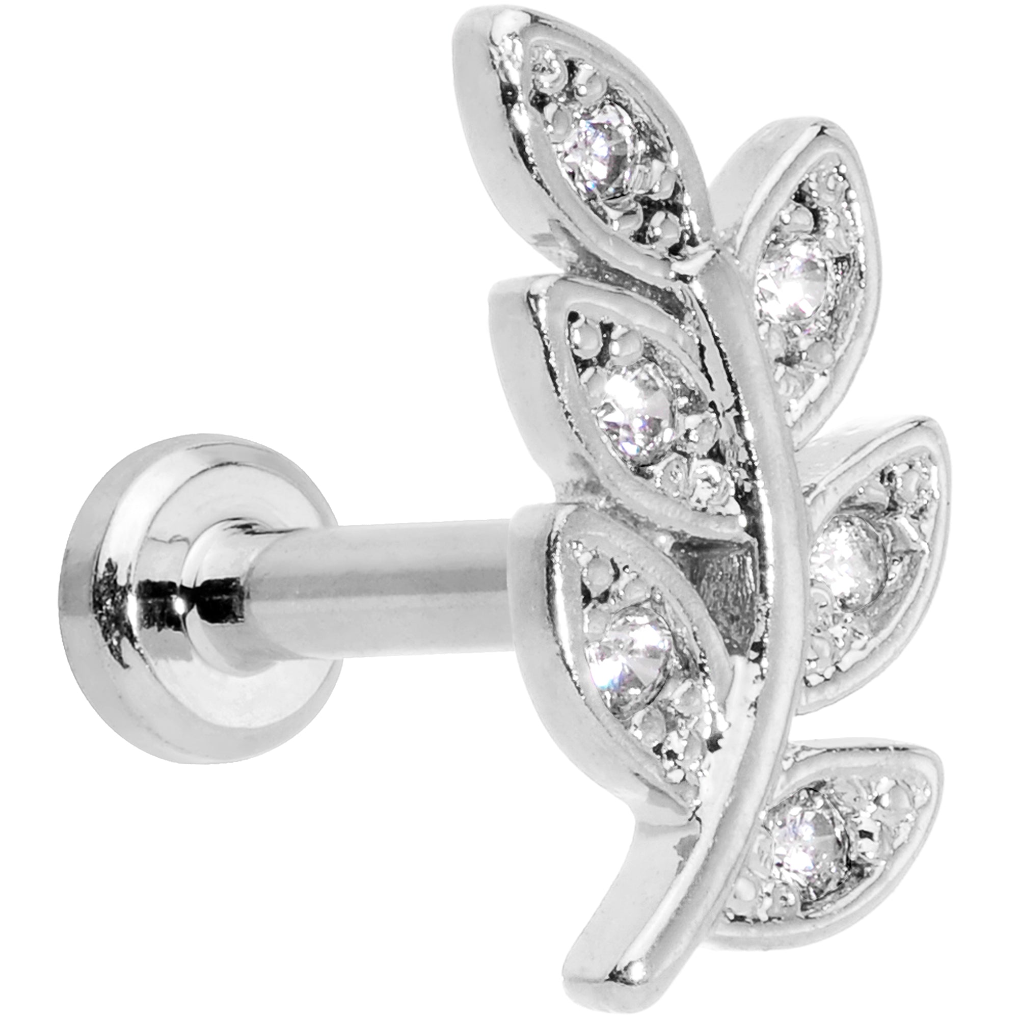 16 Gauge 1/4 Clear CZ Gem Leaf Internally Threaded Labret Tragus