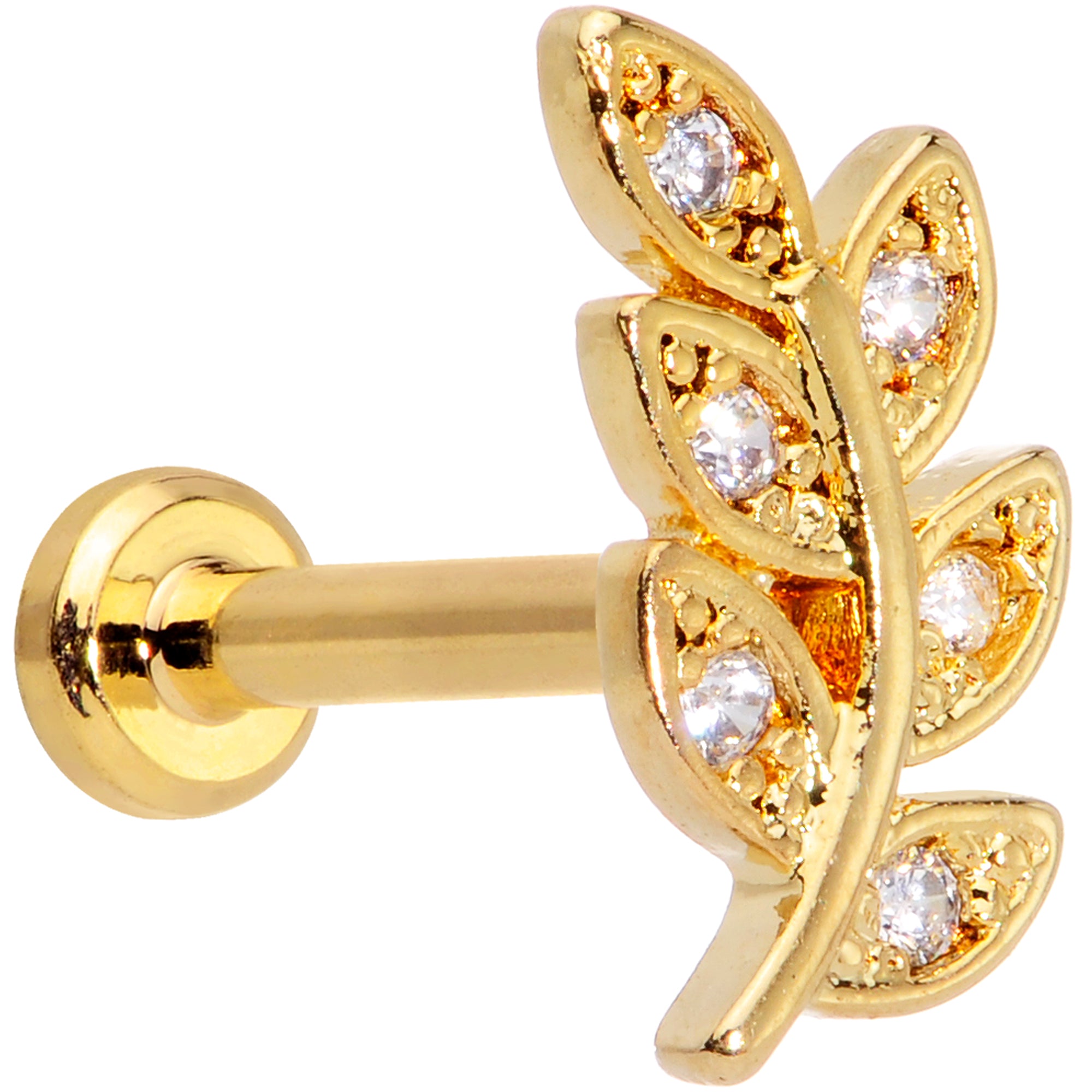 16 Gauge 5/16 Color CZ Gem Gold Tone Leaf Internally Threaded Labret