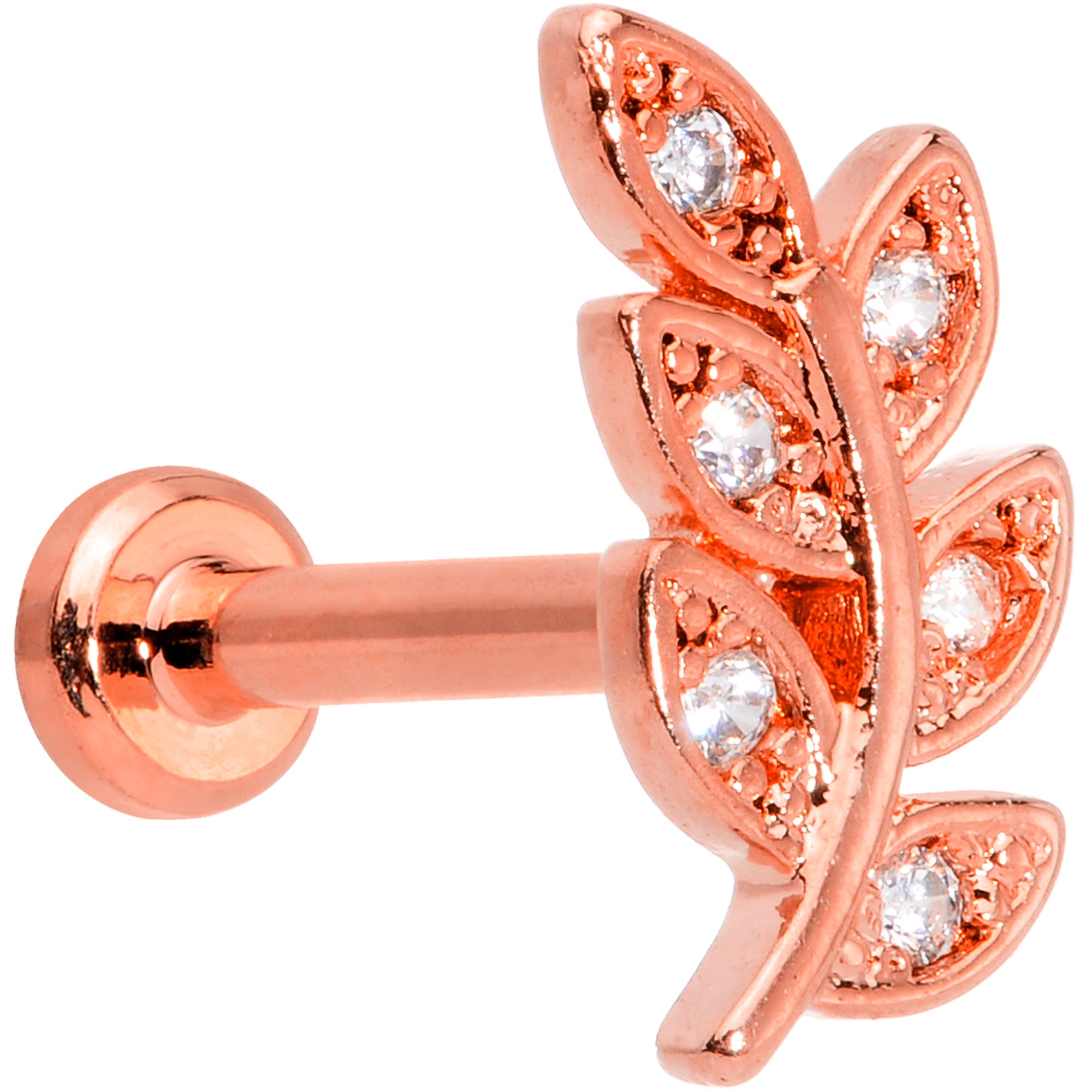 16 Gauge 5/16 Color CZ Gem Rose Gold Tone Leaf Internal Thread Labret