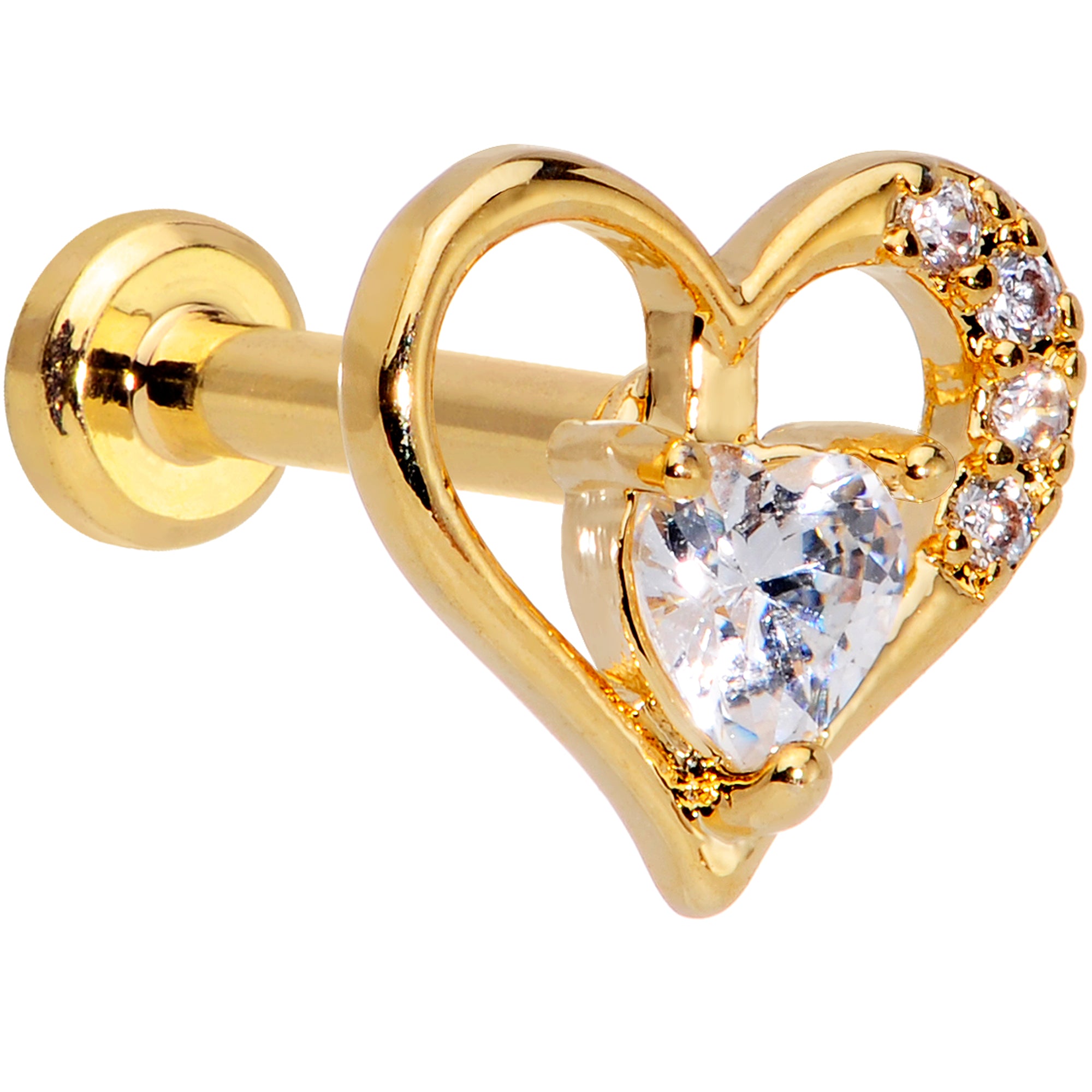 16 Gauge 1/4 Clear CZ Gem Gold Tone Heart Internally Threaded Labret