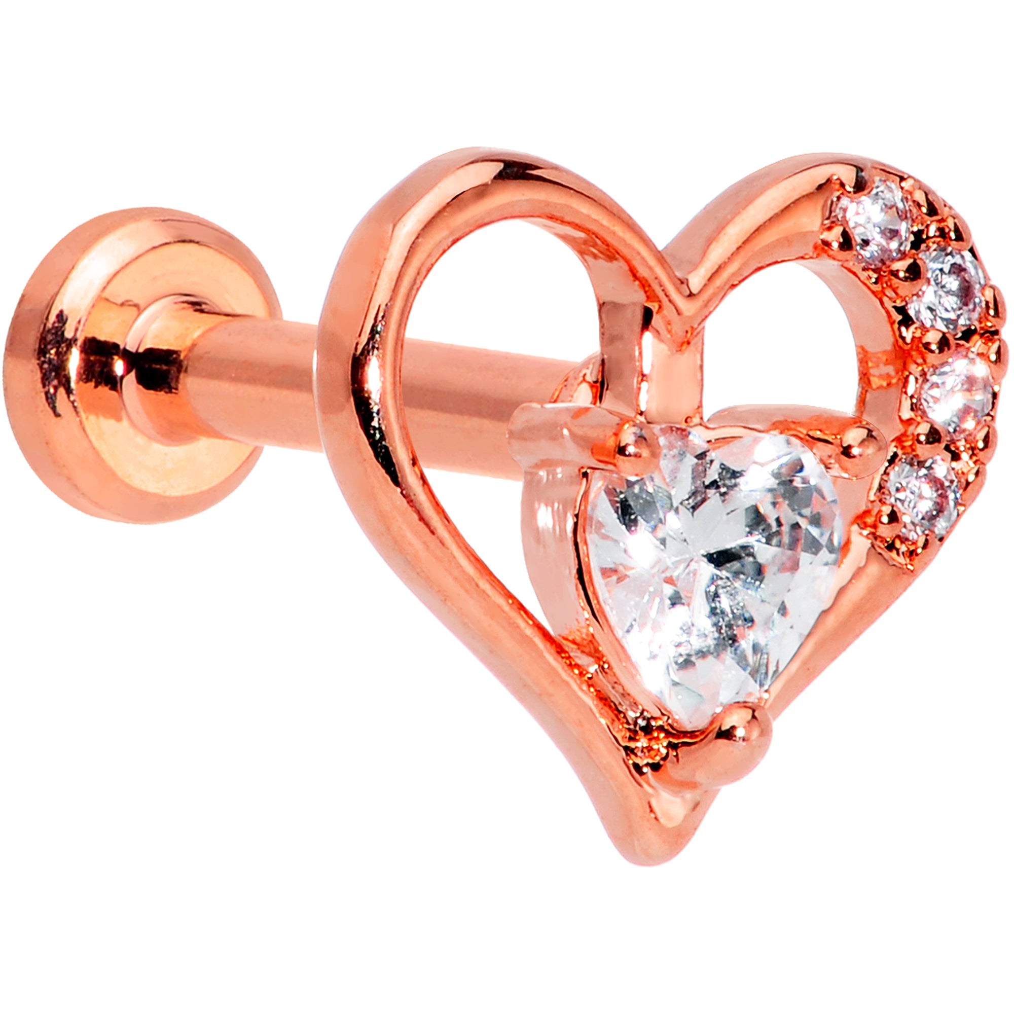 16 Gauge 1/4 Clear CZ Gem Rose Gold Hue Heart Internal Thread Labret