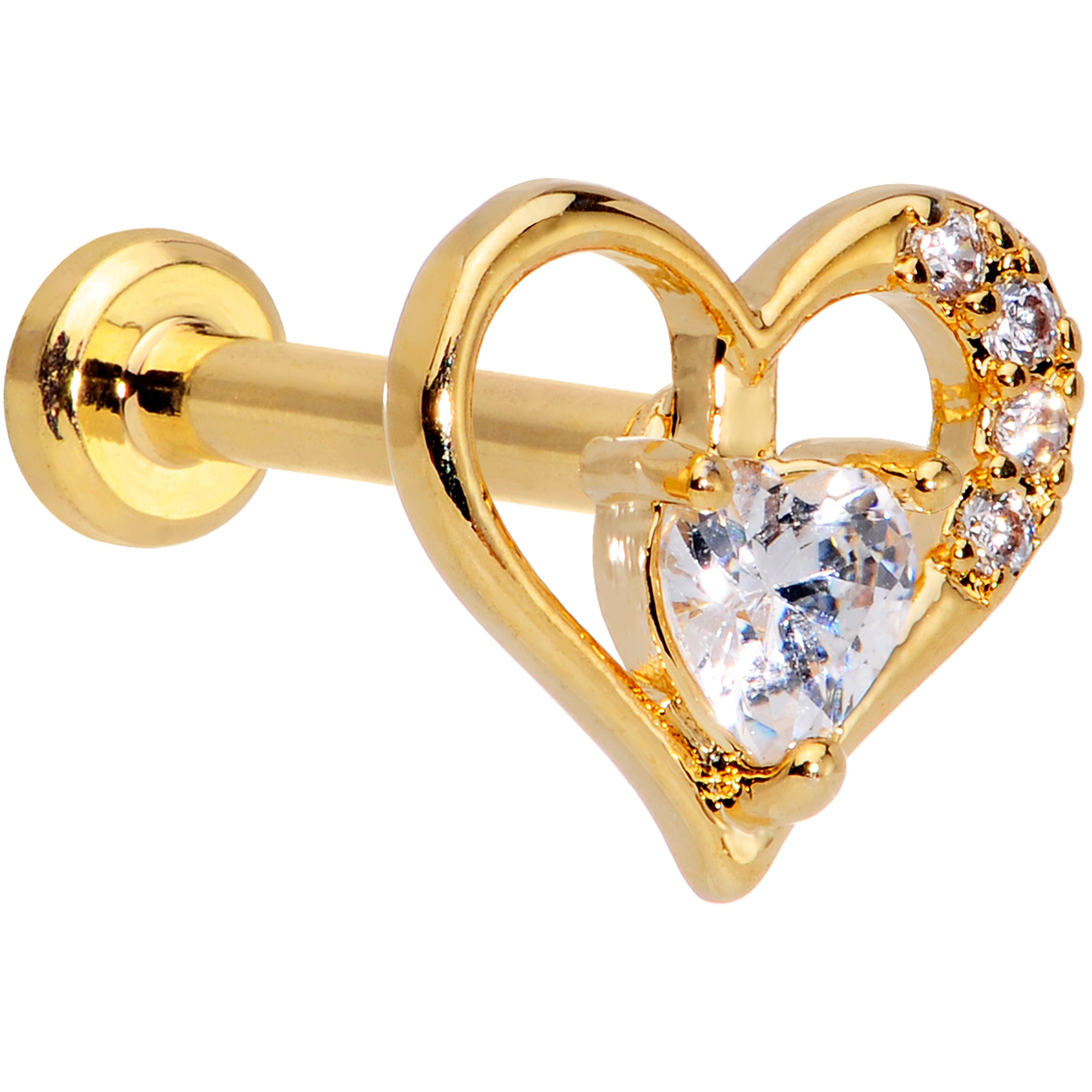 16 Gauge 5/16 Clear CZ Gem Gold Tone Heart Internally Threaded Labret