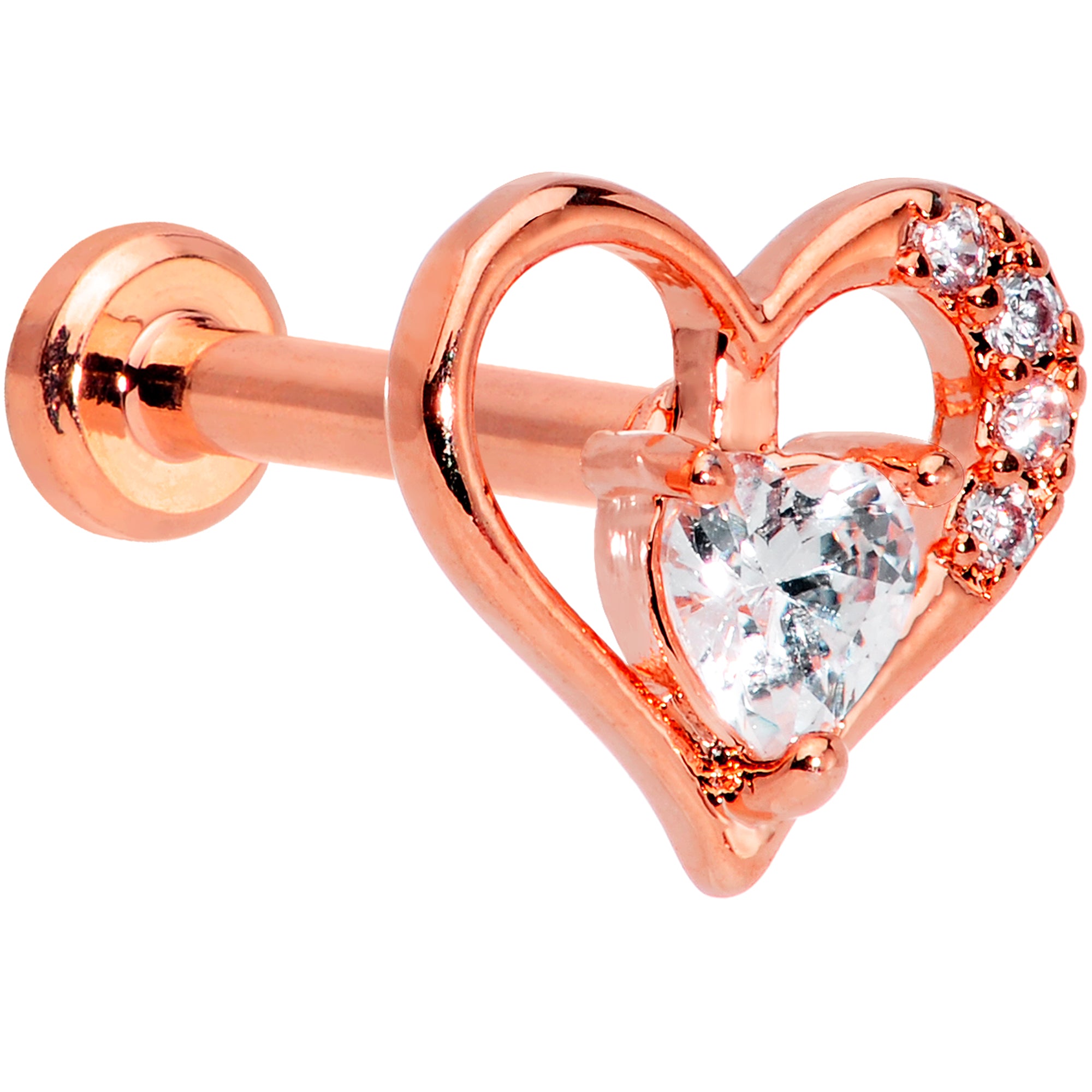 16 Gauge 5/16 Clear CZ Gem Rose Gold Hue Heart Internal Thread Labret