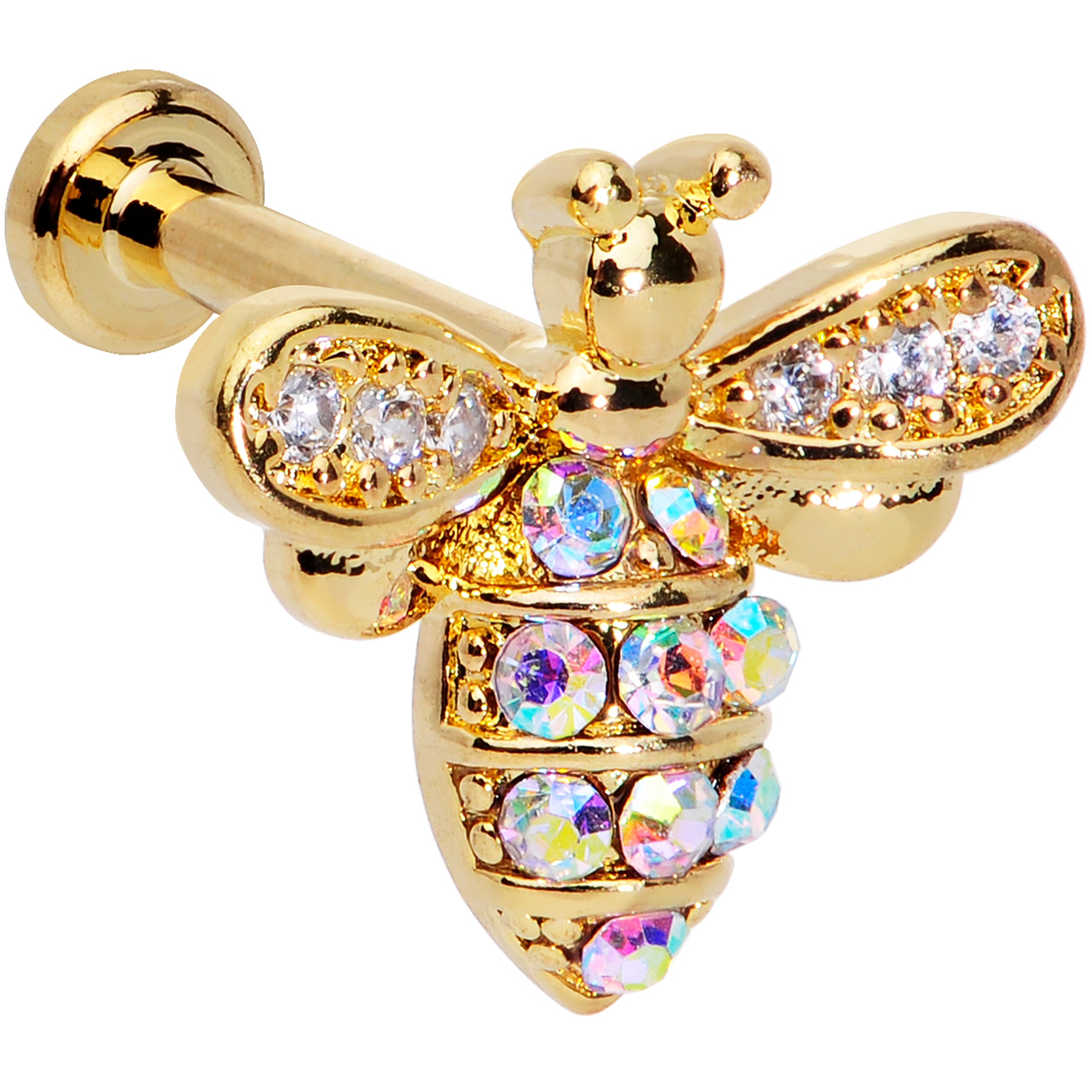 16 Gauge 1/4 Aurora CZ Gem Gold Hue Beauty Bee Internal Thread Labret