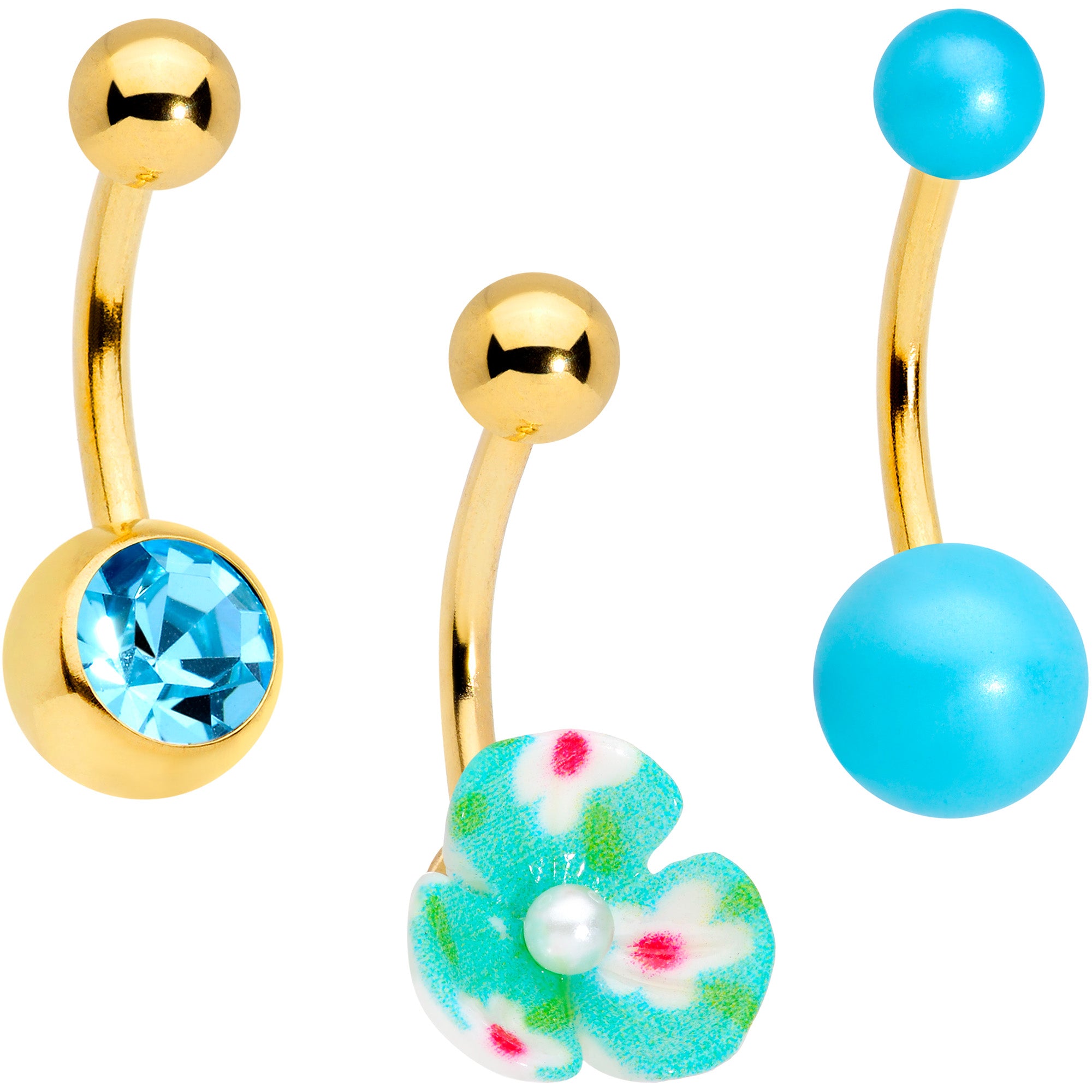 Aqua Gem Gold Tone Flower Pearly Belly Ring Set of 3