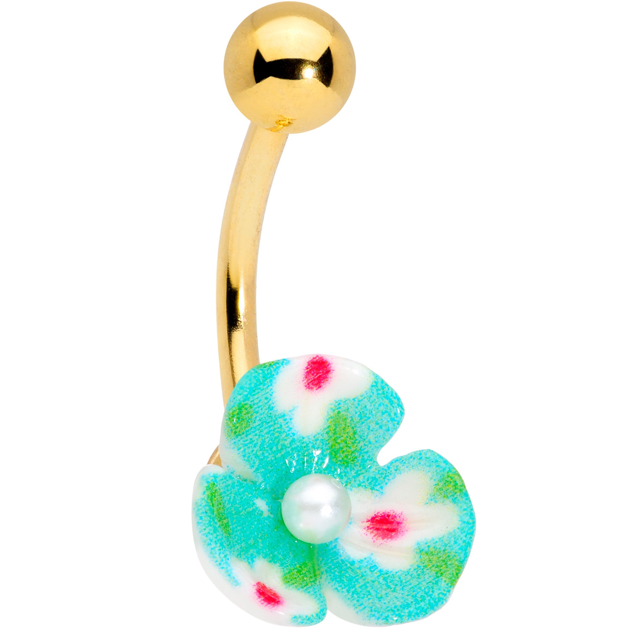 Aqua Gem Gold Tone Flower Pearly Belly Ring Set of 3