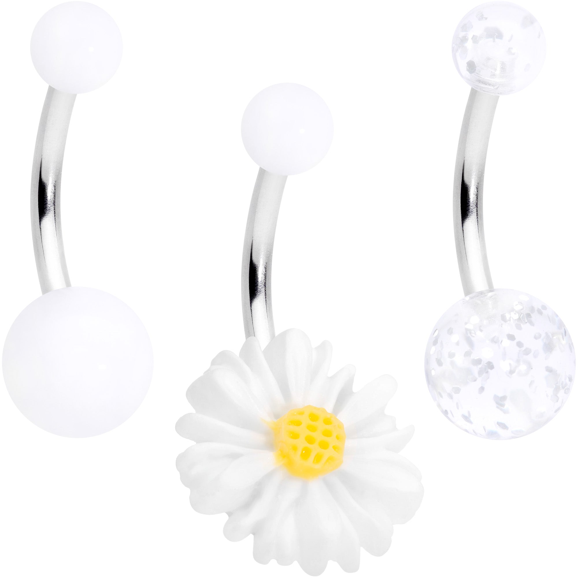 White Daisy Flower Clear Glitter Acrylic Belly Ring Set of 3