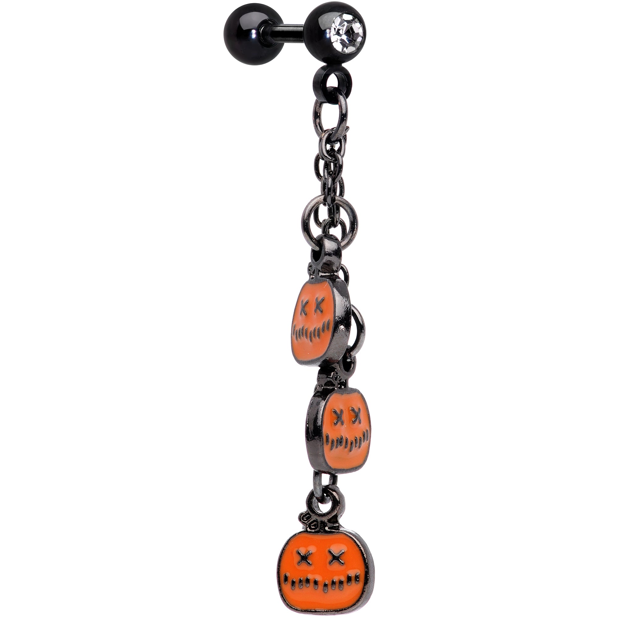 16 Gauge 1/4 Clear Gem Black Halloween Pumpkin Dangle Cartilage