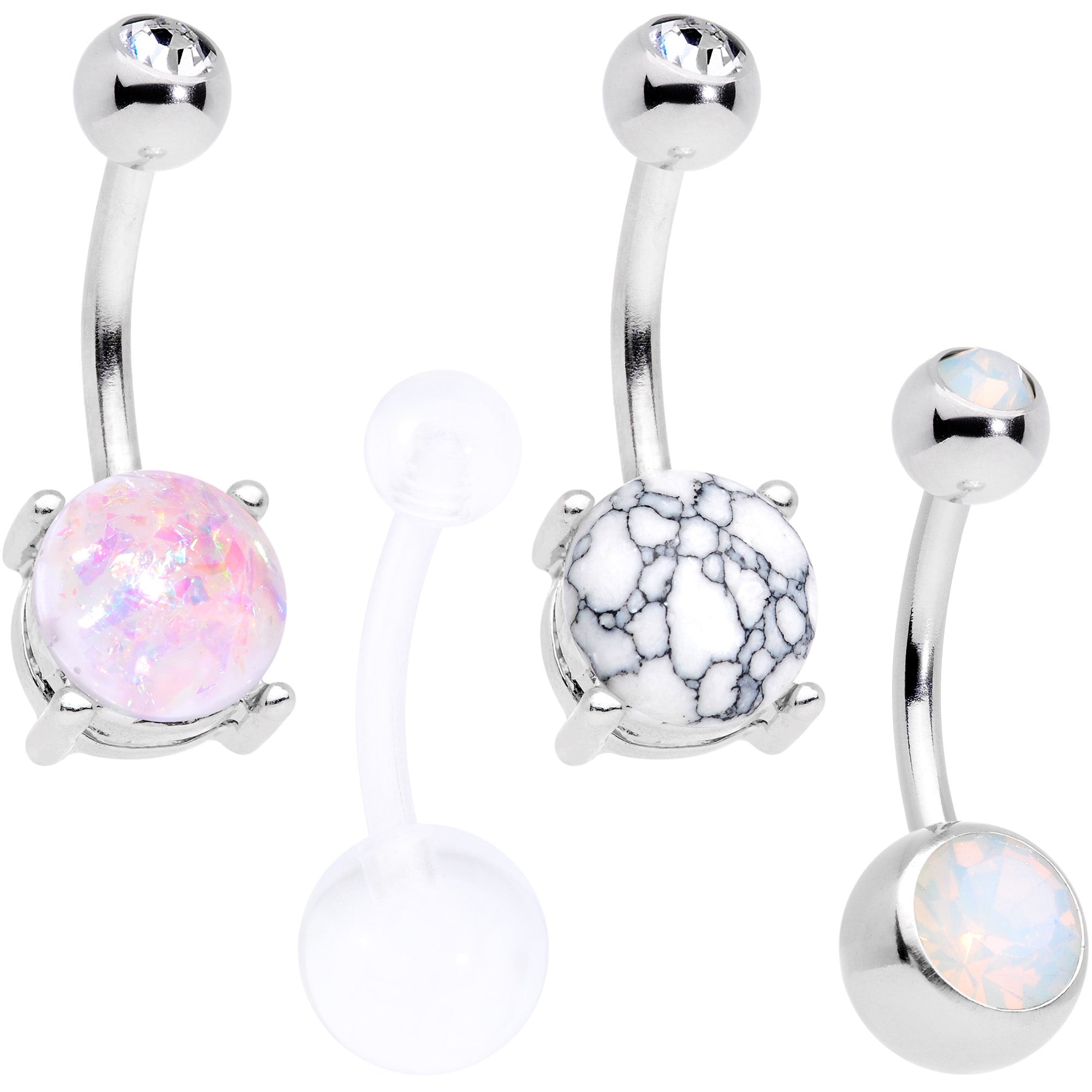 Clear Gem White Faux Opal Turquoise Bioplast Belly Ring Set of 4