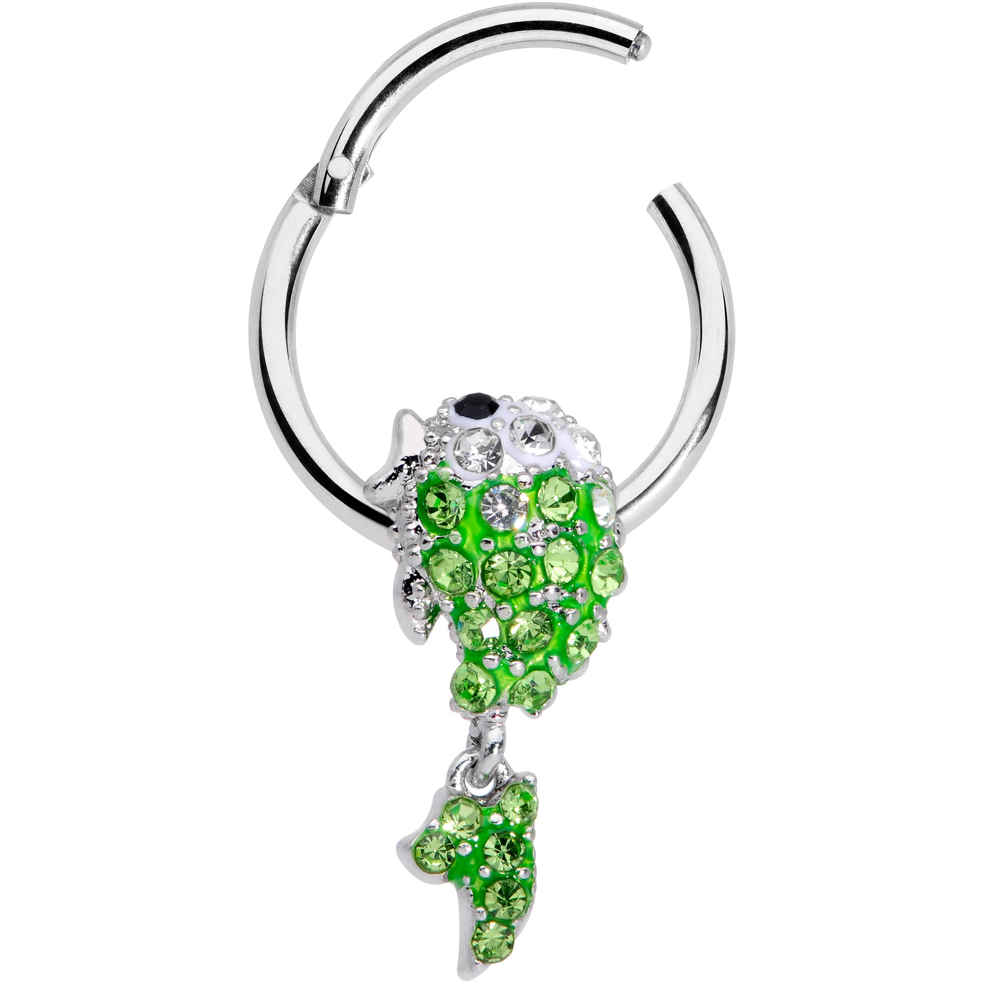 16 Gauge 3/8 Green Gem Sweet Fish Dangle BCR Captive Bead Ring