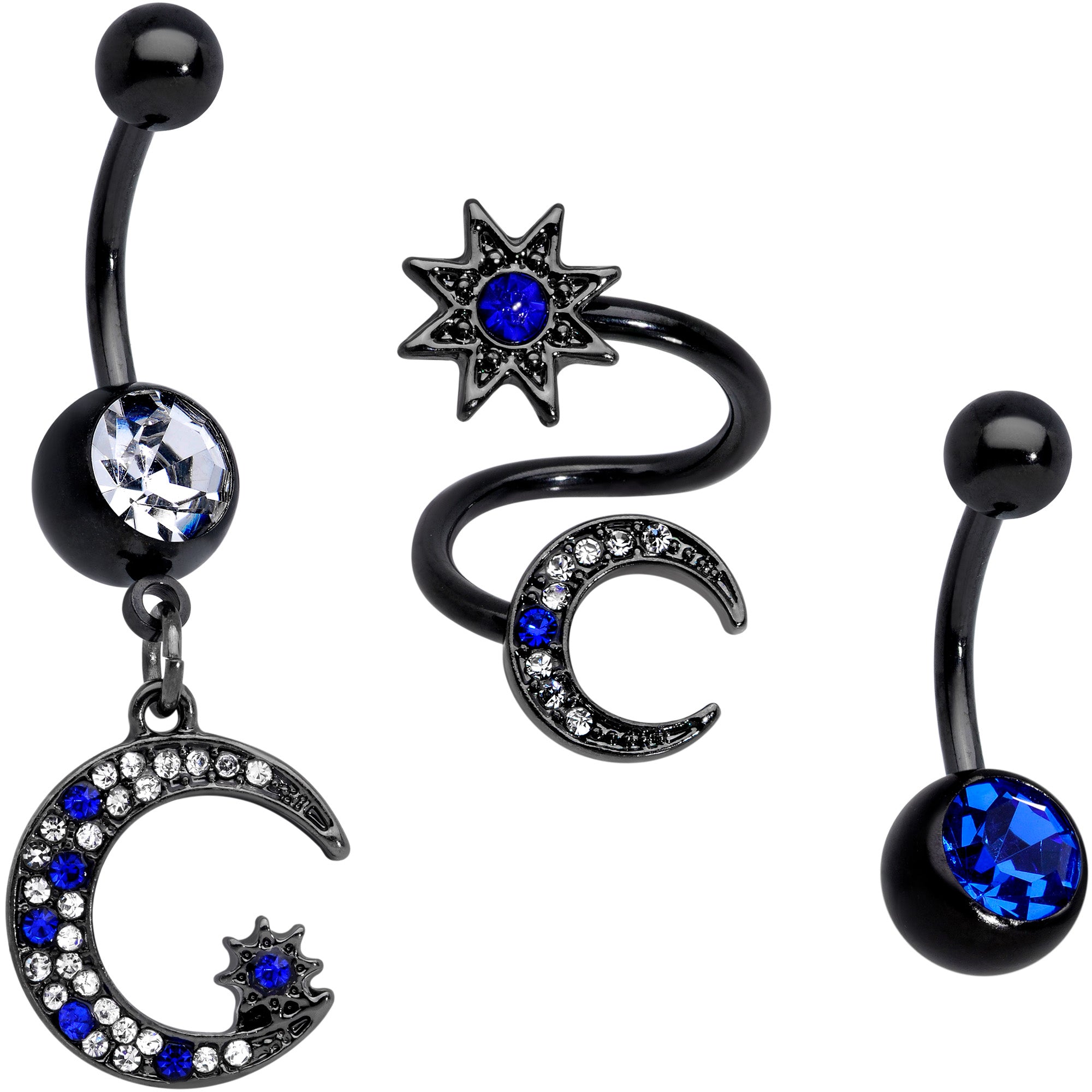 Clear Blue Gem Black Star Moon Twister Dangle Belly Ring Set of 3