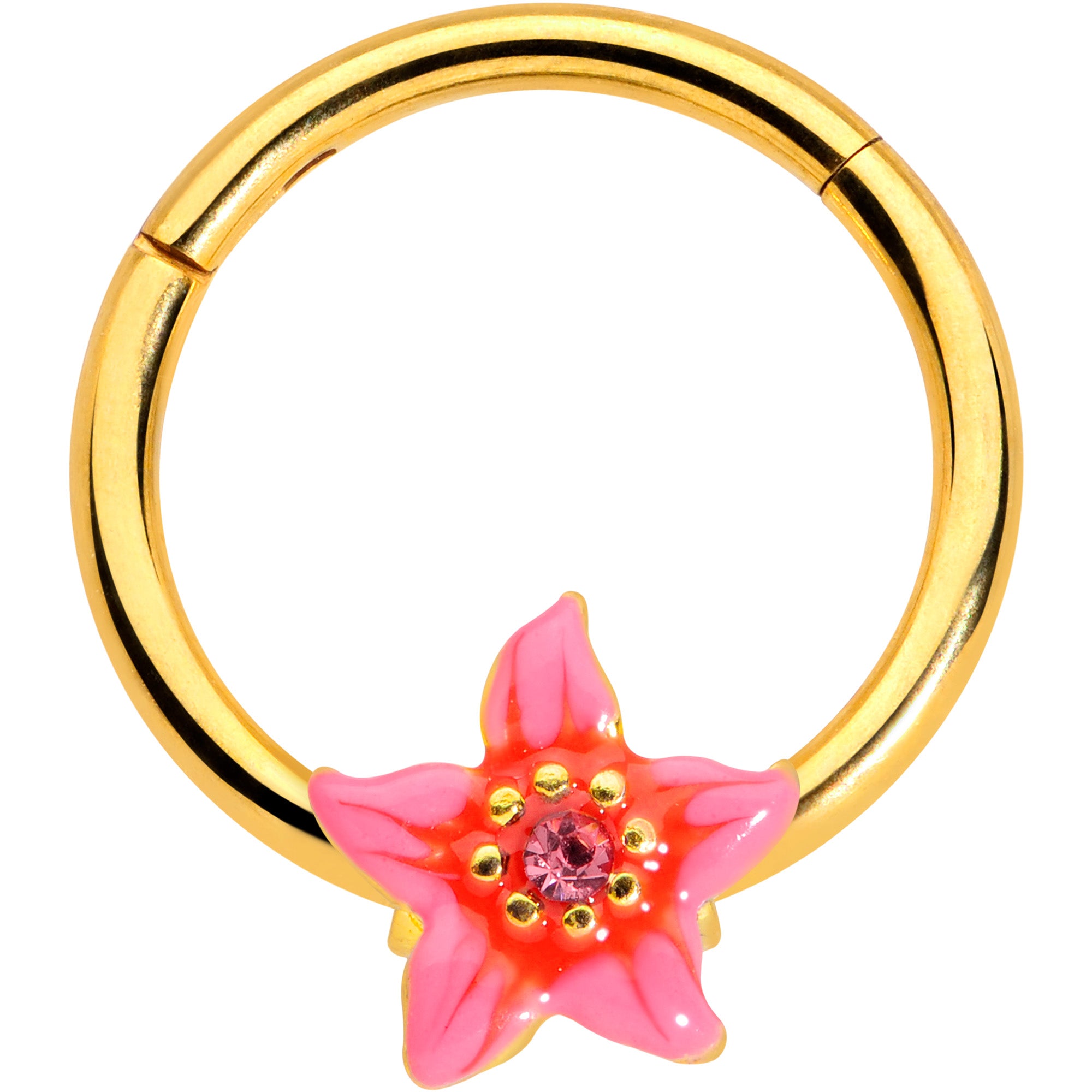 16 Gauge 3/8 Pink Gem Gold Tone Exotic Floral Star Hinged Segment Ring