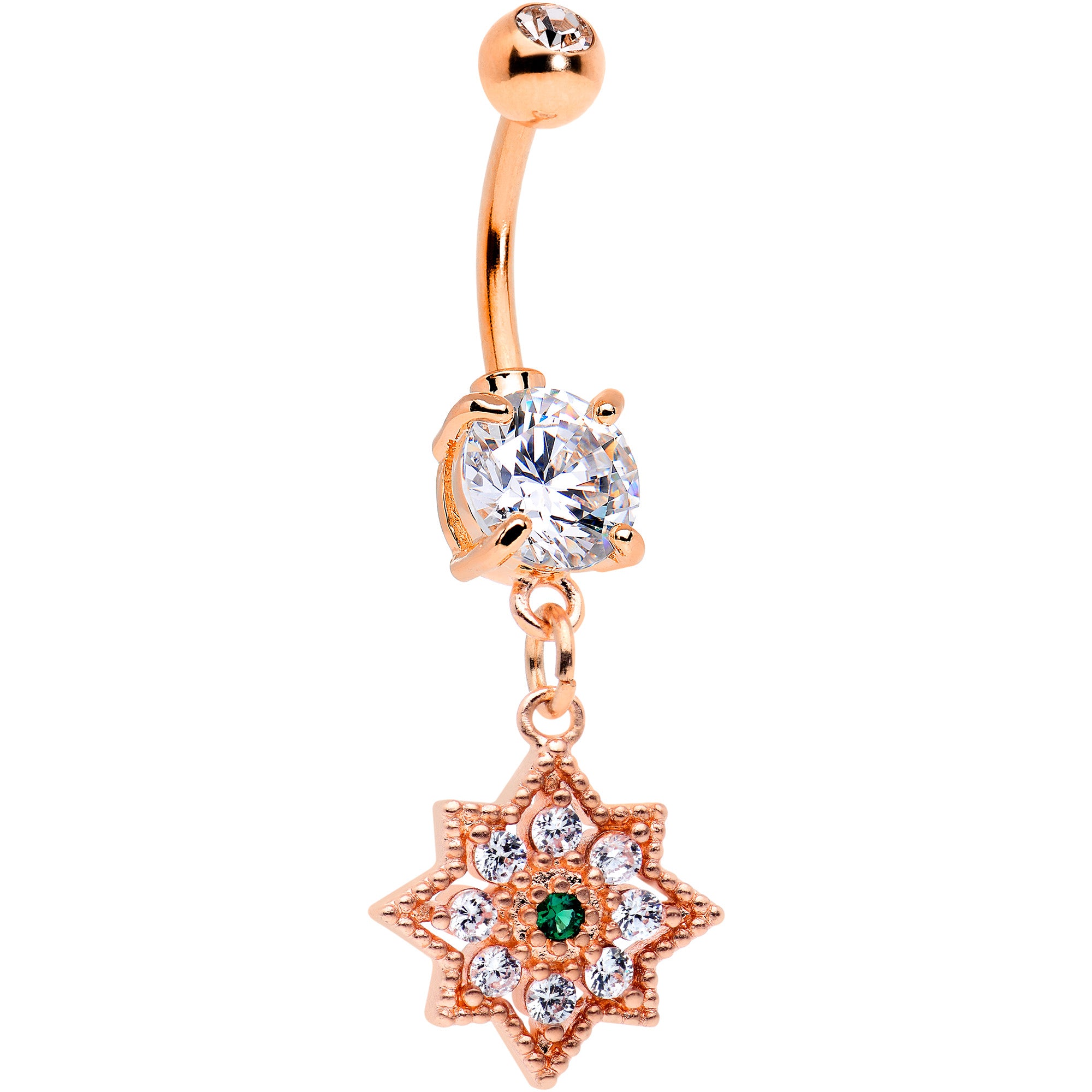 Clear Green Gem Rose Gold Tone Evening Star Dangle Belly Ring