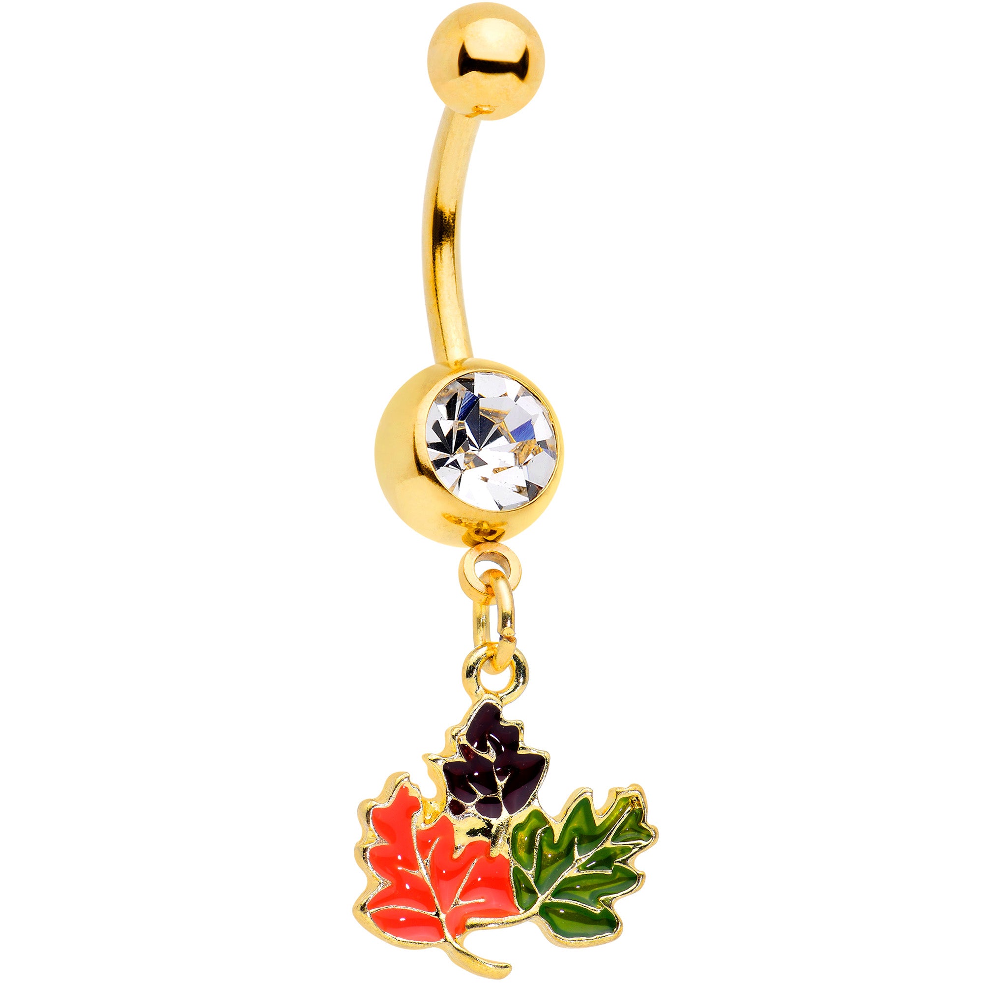 Clear Gem Gold Tone Lovely Autumn Leaf Trio Dangle Belly Ring