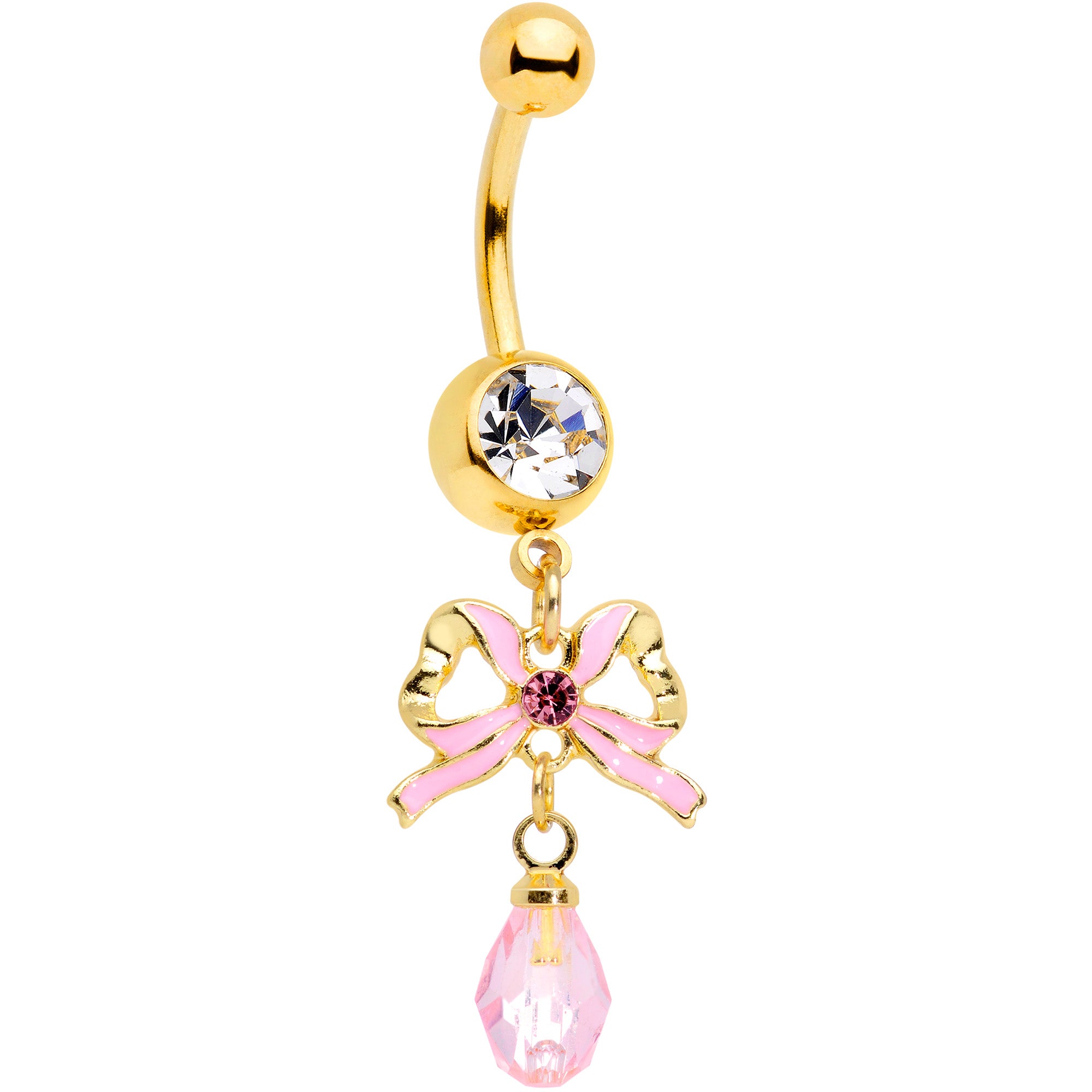 Clear Pink Gem Gold Tone Pink Bow Dangle Belly Ring