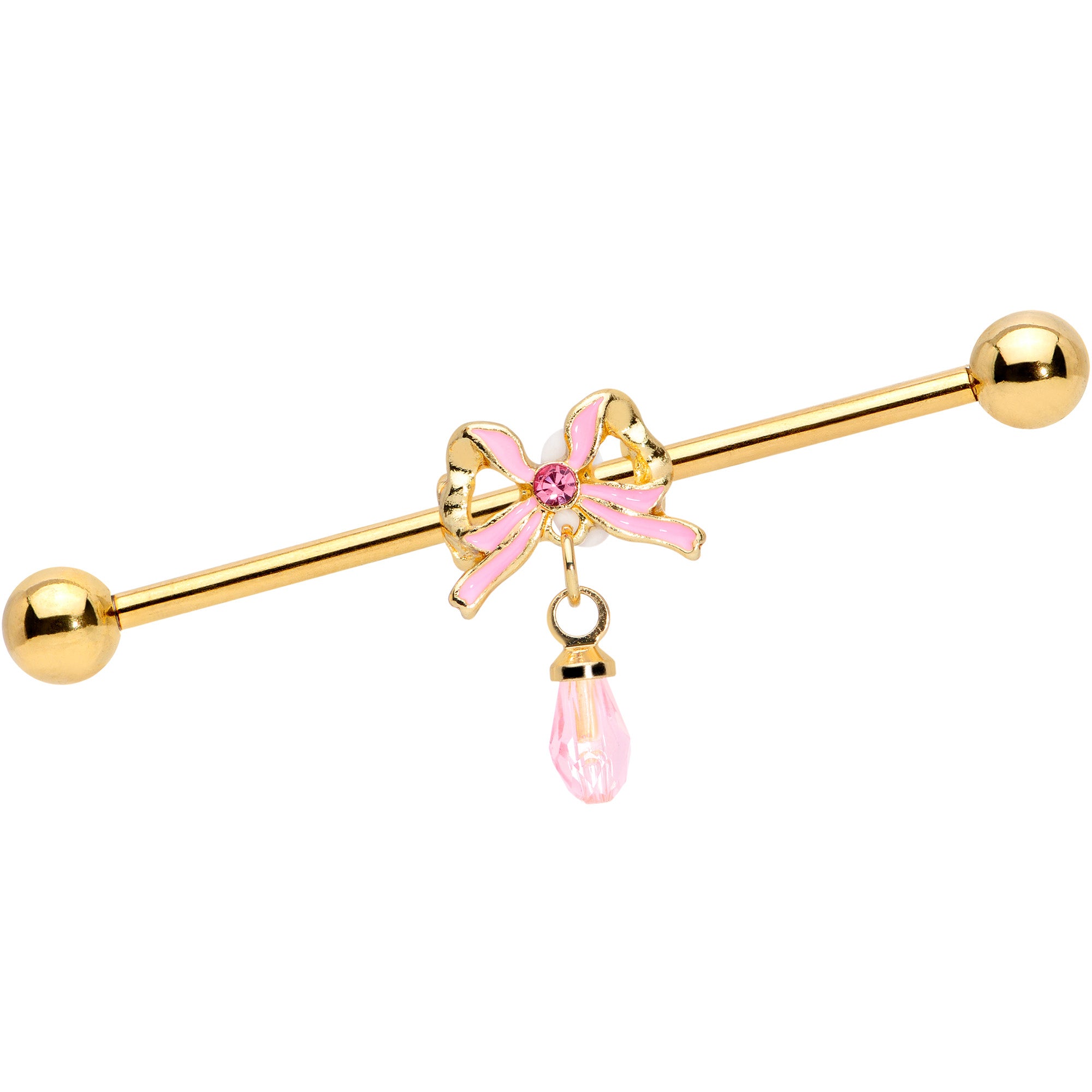 14 Gauge Pink Gem Gold Tone Bow Dangle Industrial Barbell 38mm