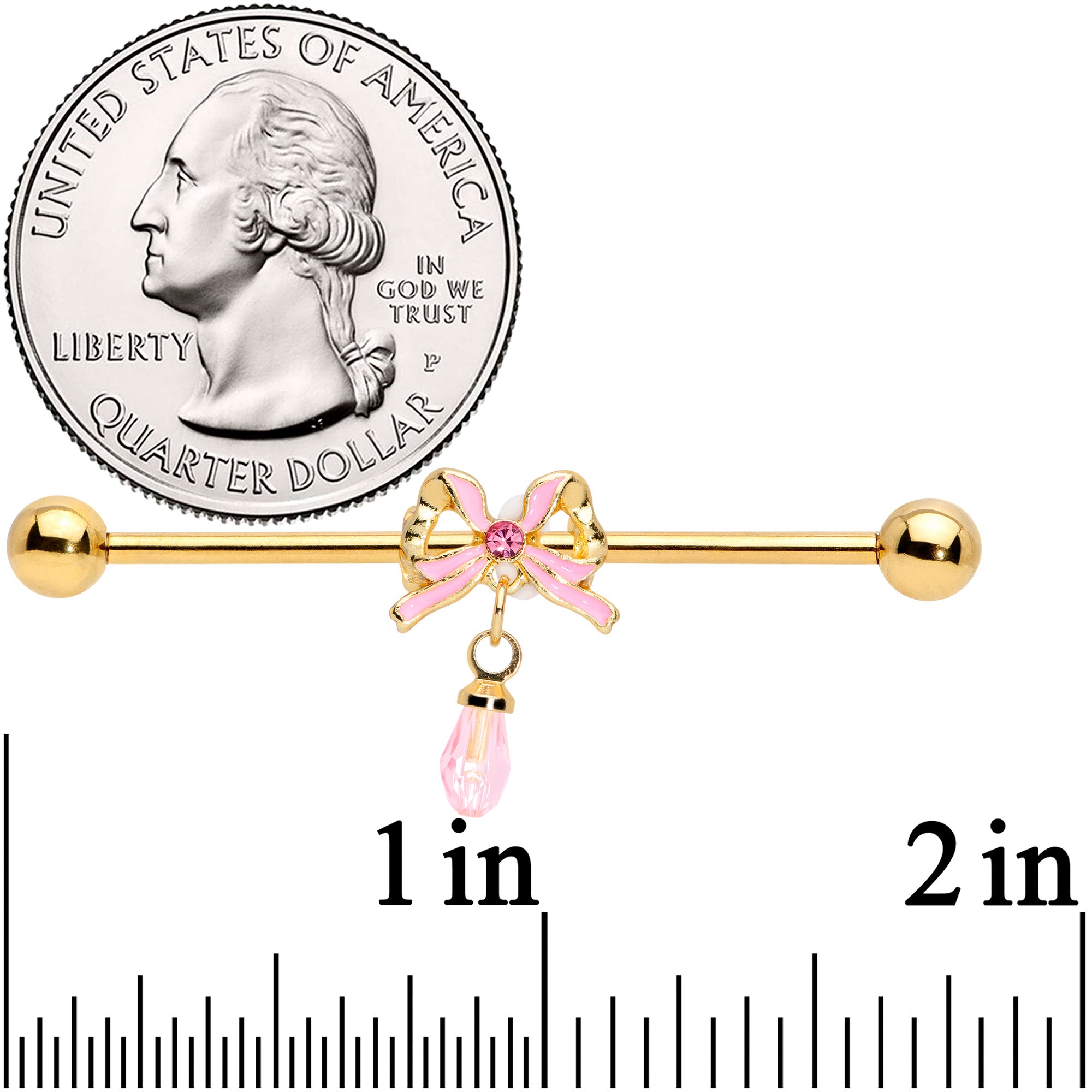 14 Gauge Pink Gem Gold Tone Bow Dangle Industrial Barbell 38mm