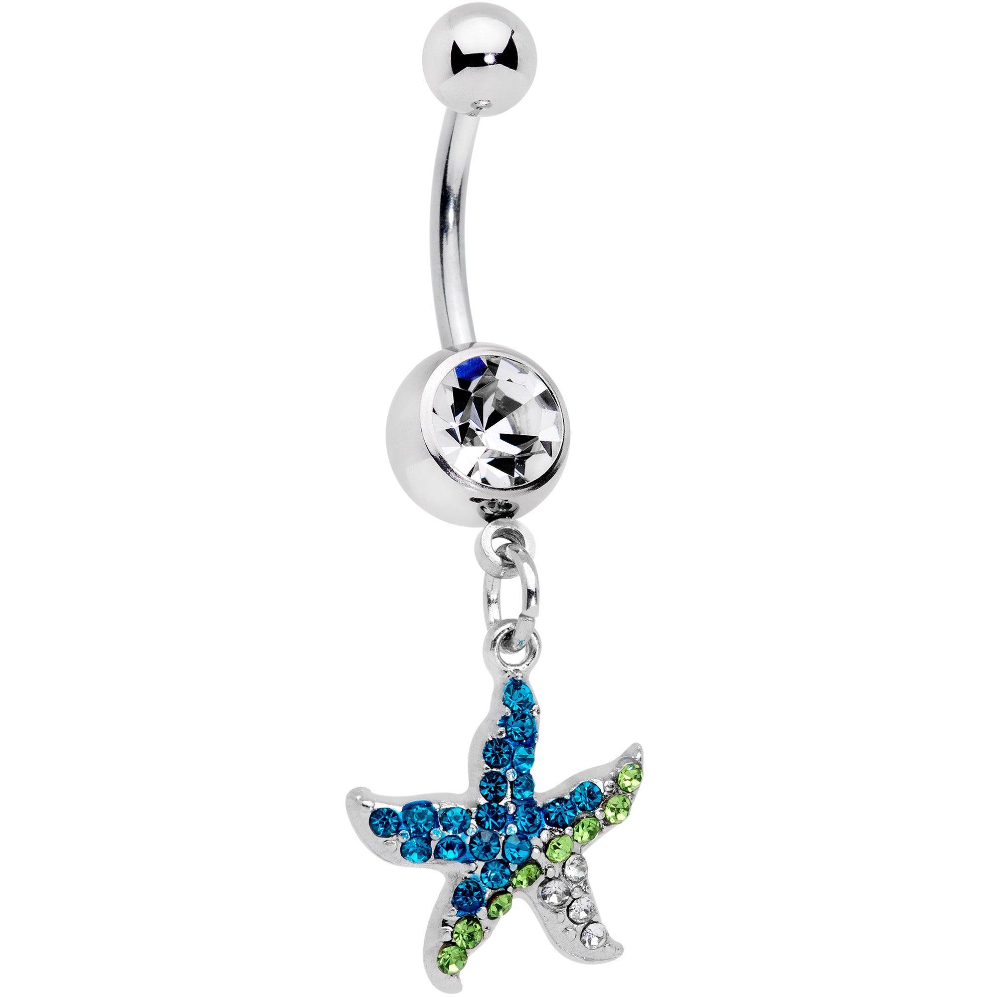 Clear Blue Green Gem Glam Starfish Dangle Belly Ring