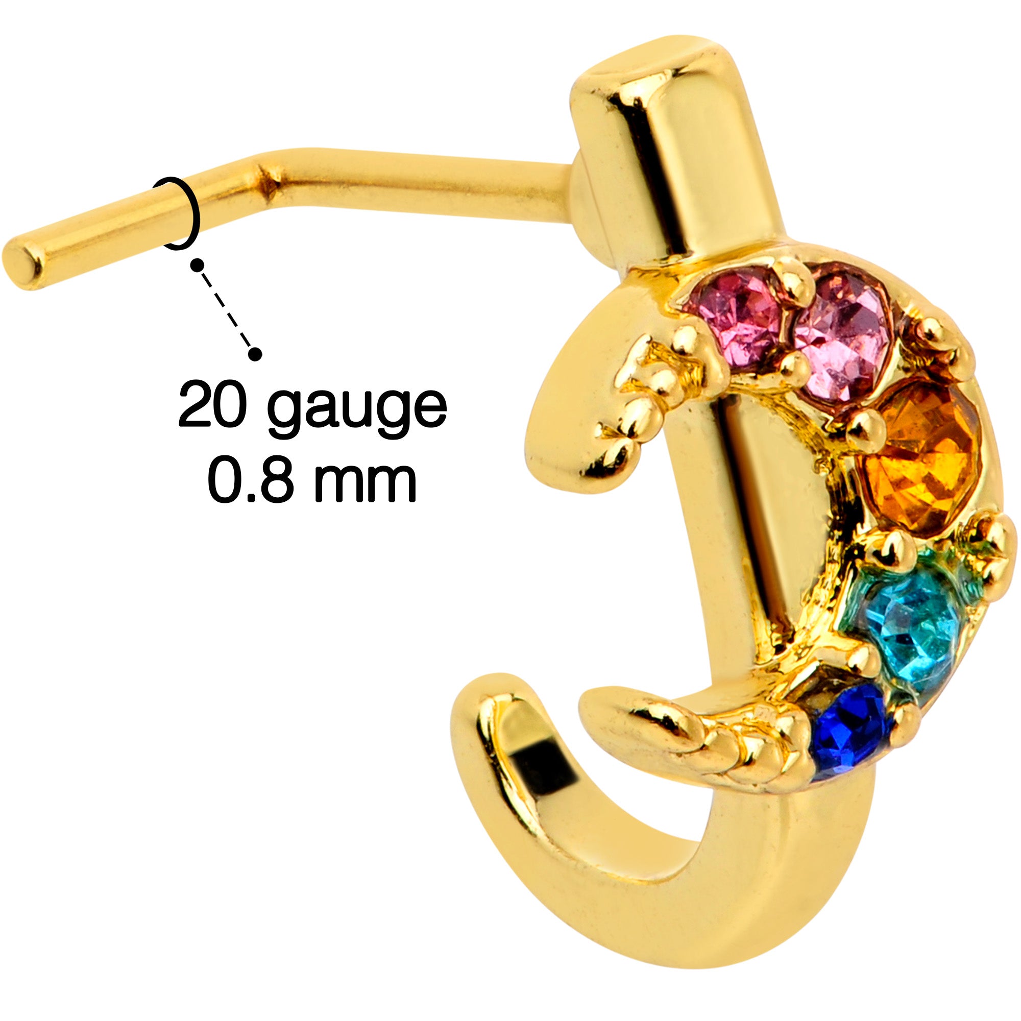 20 Gauge 7mm Rainbow Gem Gold Tone Crescent Moon L Shape Nose Ring