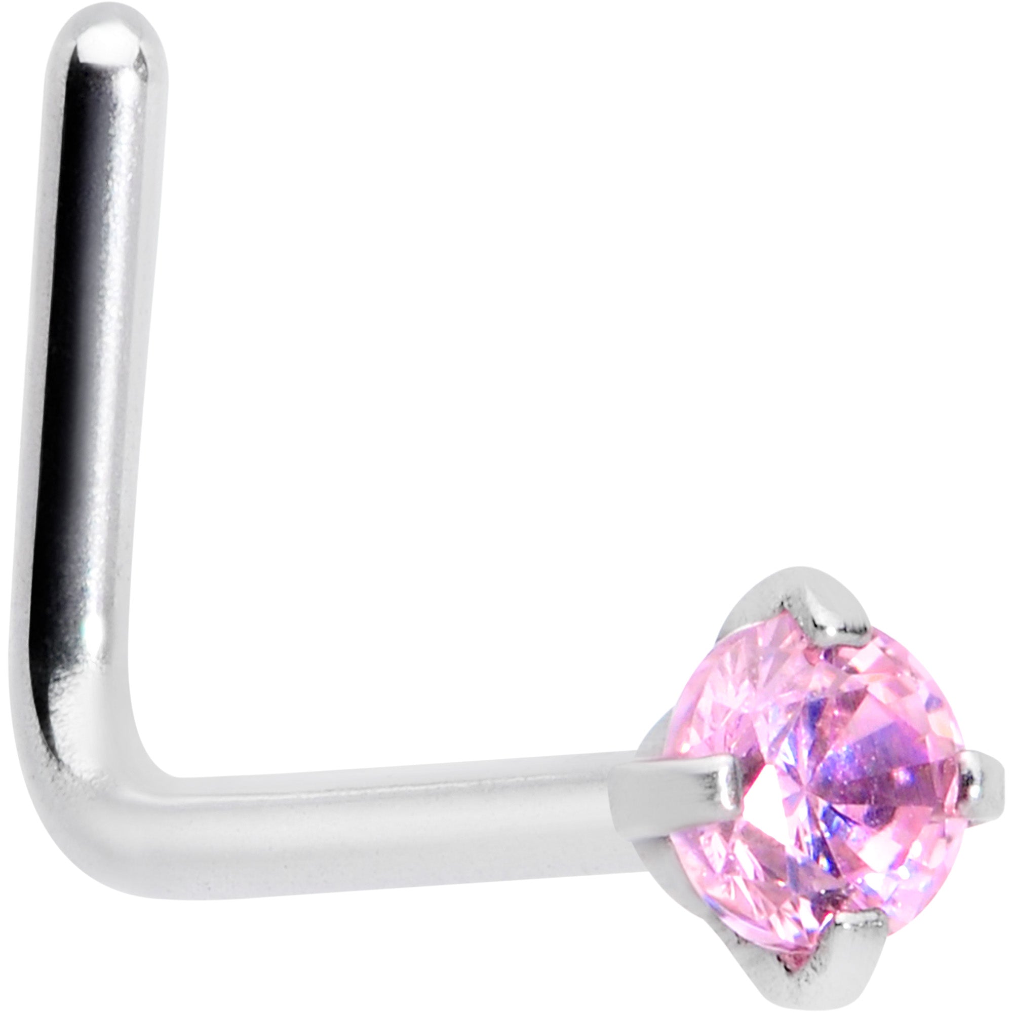 20 Gauge 1/4 Pink CZ 2mm Gem Rhombus L Shape Nose Ring