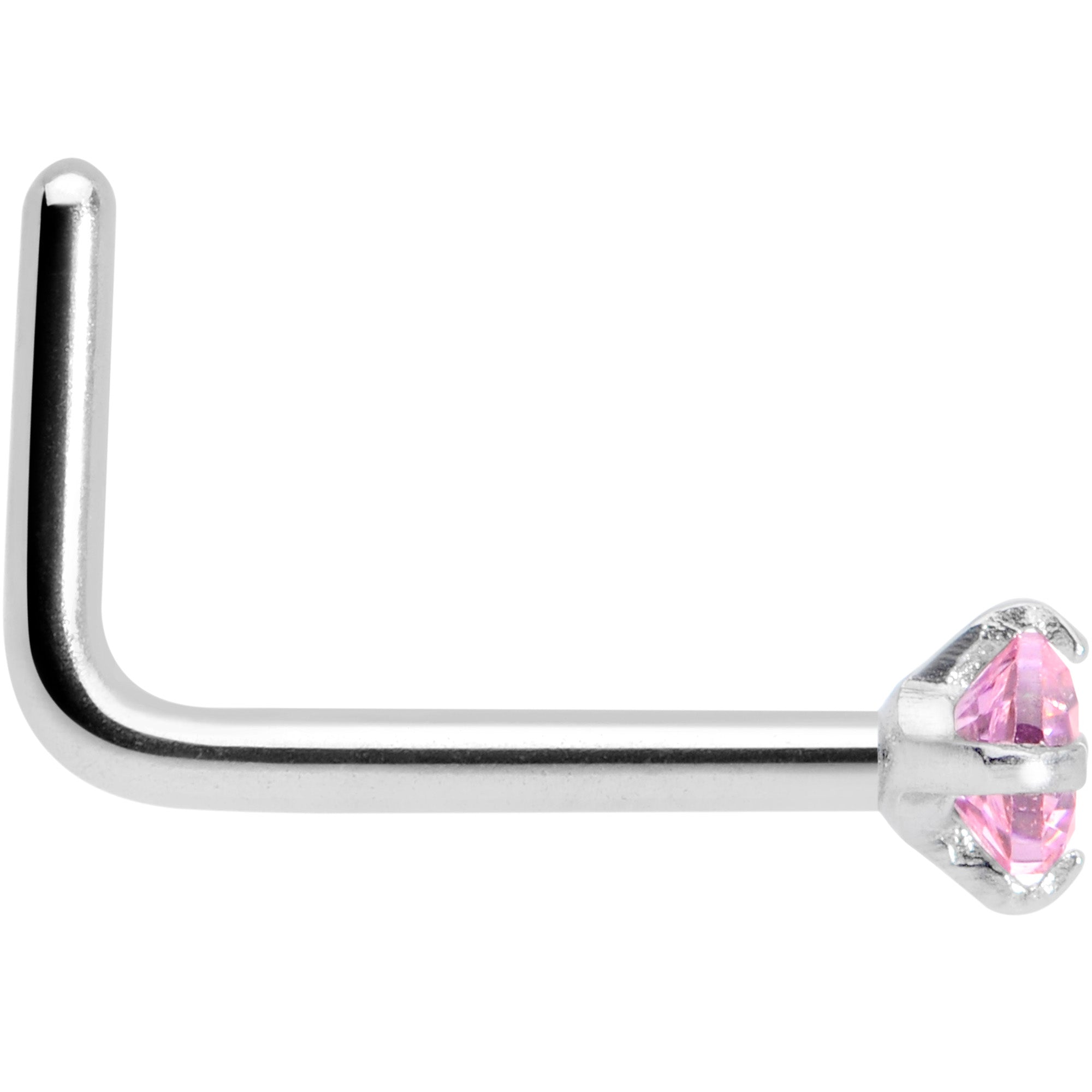 20 Gauge 1/4 Pink CZ 2mm Gem Rhombus L Shape Nose Ring