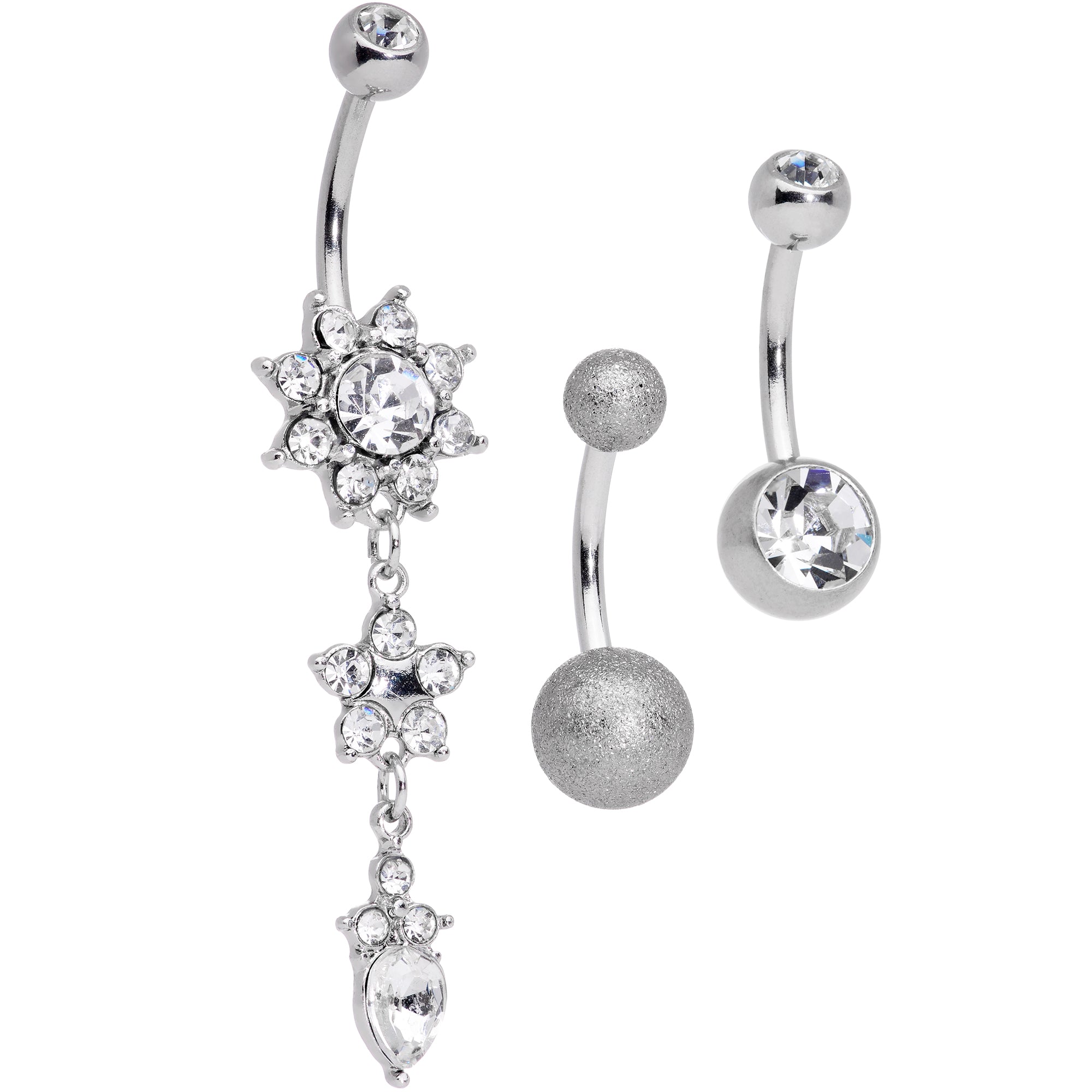 Clear Gem Flower Sandblasted Dangle Belly Ring Set of 3