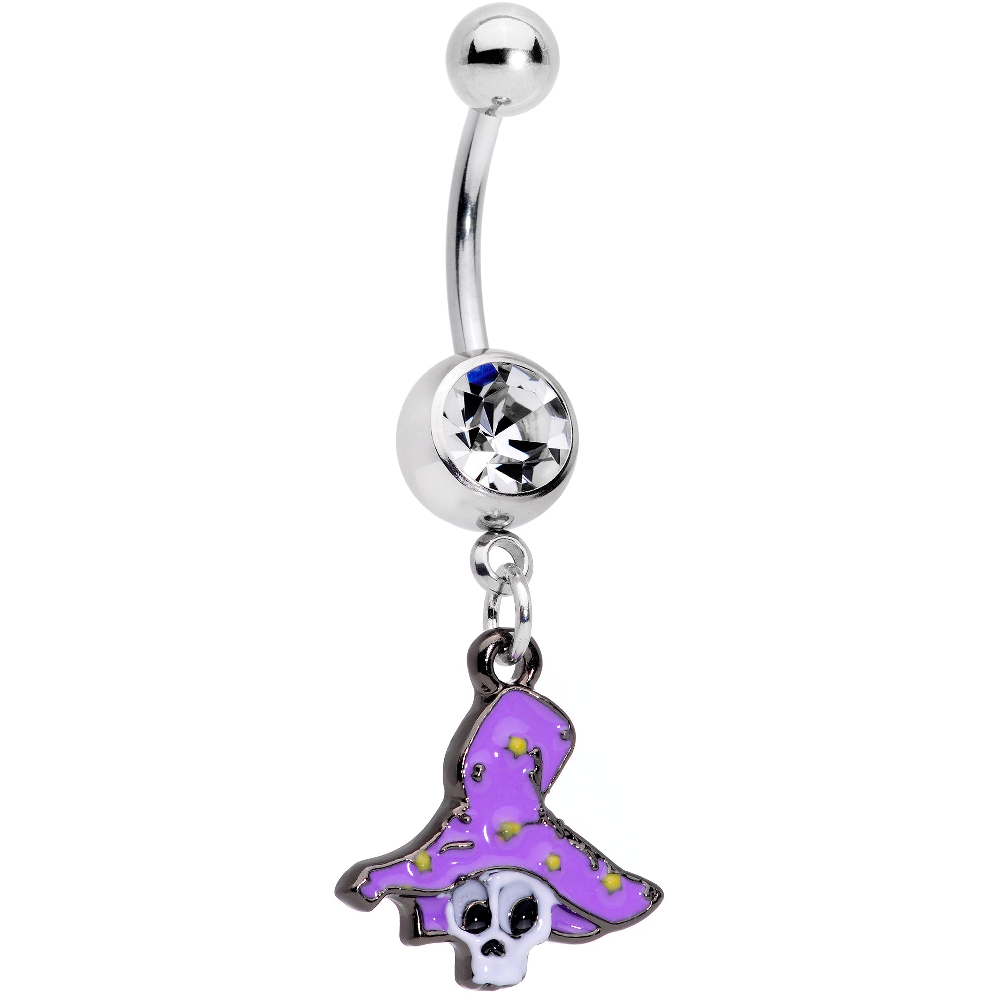 Clear Gem Skull Purple Witch Hat Halloween Dangle Belly Ring