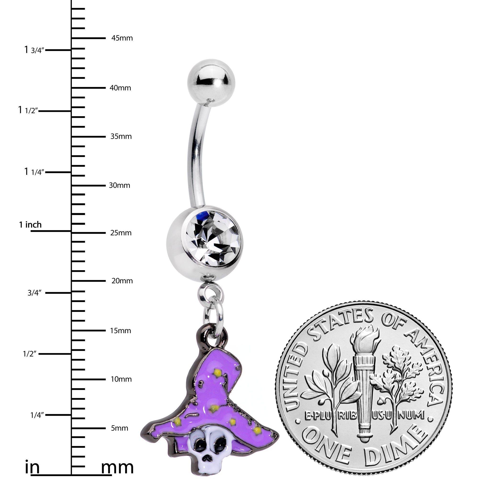 Clear Gem Skull Purple Witch Hat Halloween Dangle Belly Ring