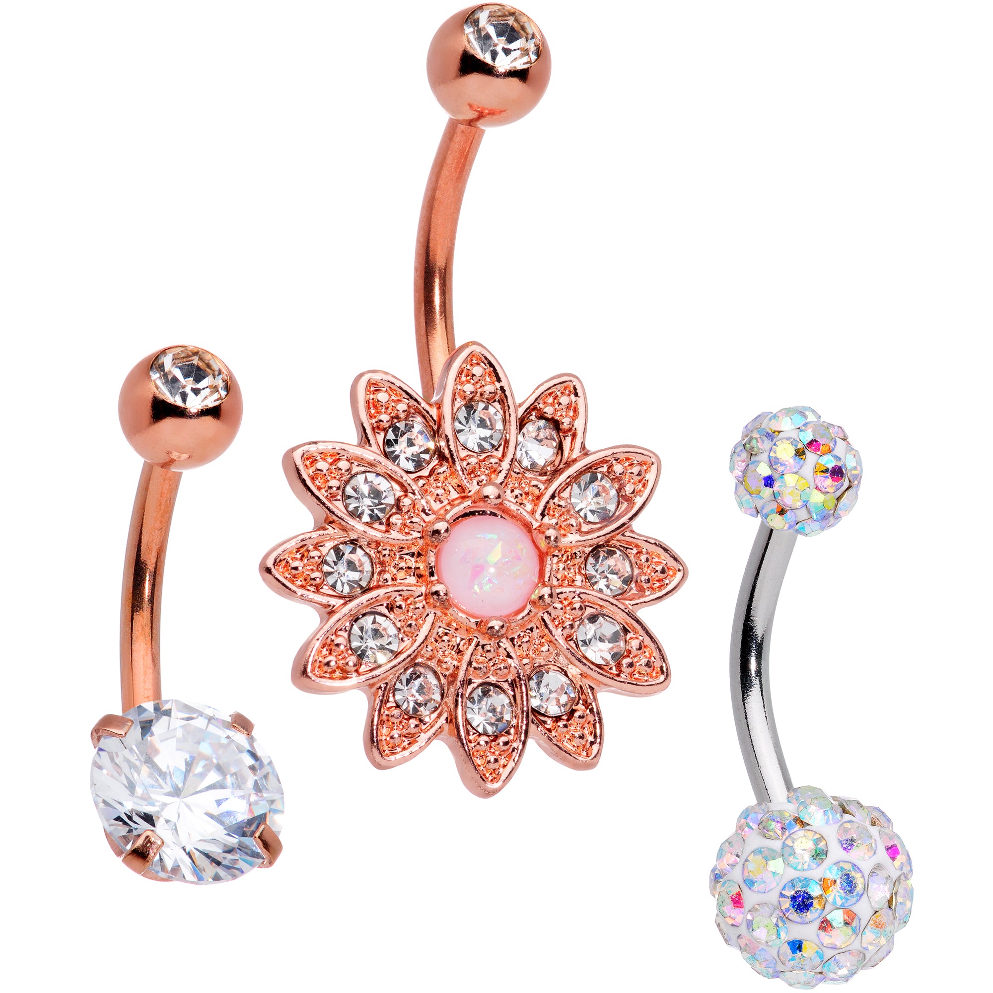 Aurora Clear Gem Rose Gold Tone Flower Belly Ring Set of 3